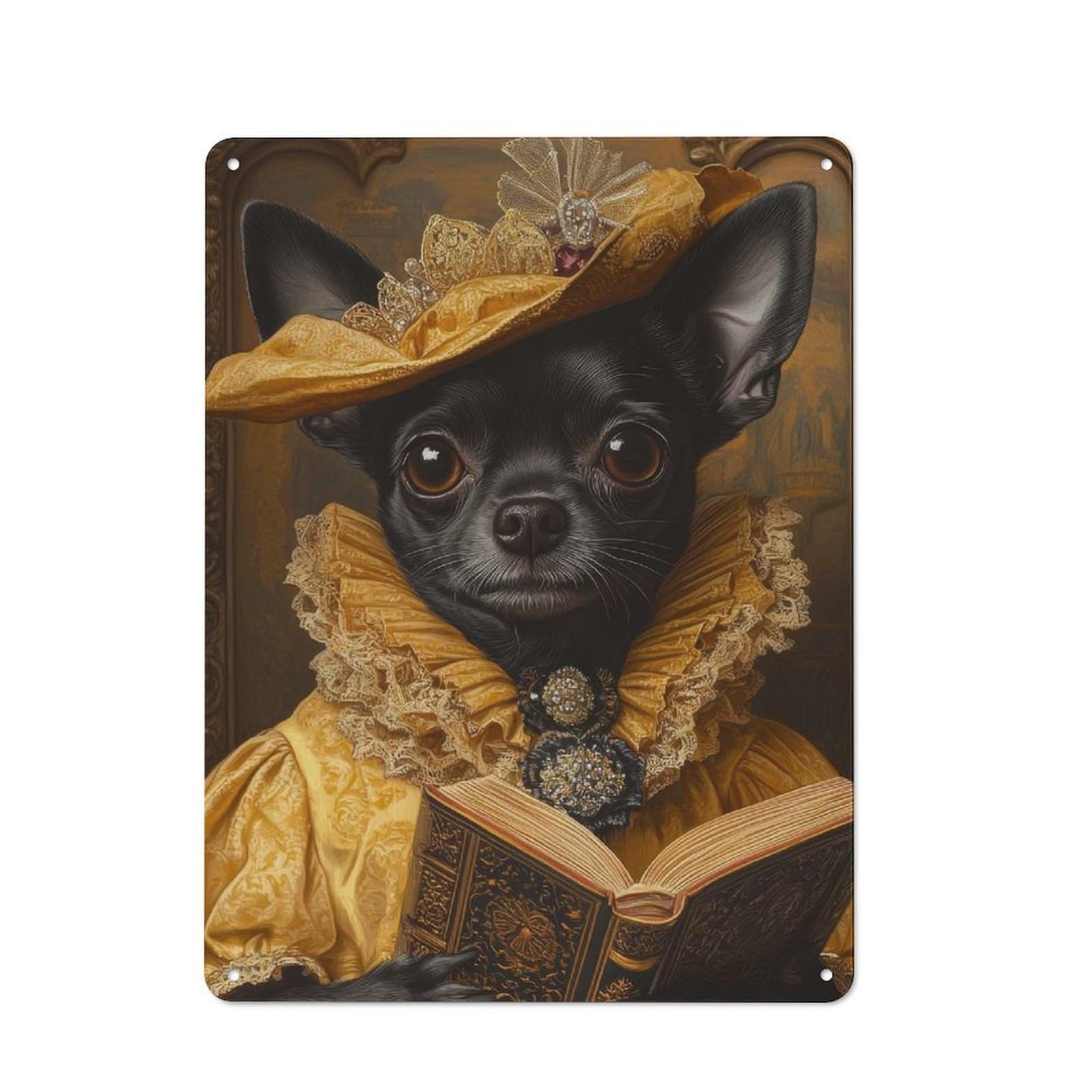 Junmoney Majestic Chihuahua In Yellow And Gold Renais Metal Wall Sign 40X30cm Featuring Sance Chihuahua For Home Bar Wall, For Themed Interiors In Home Bars And Entertaining Spaces