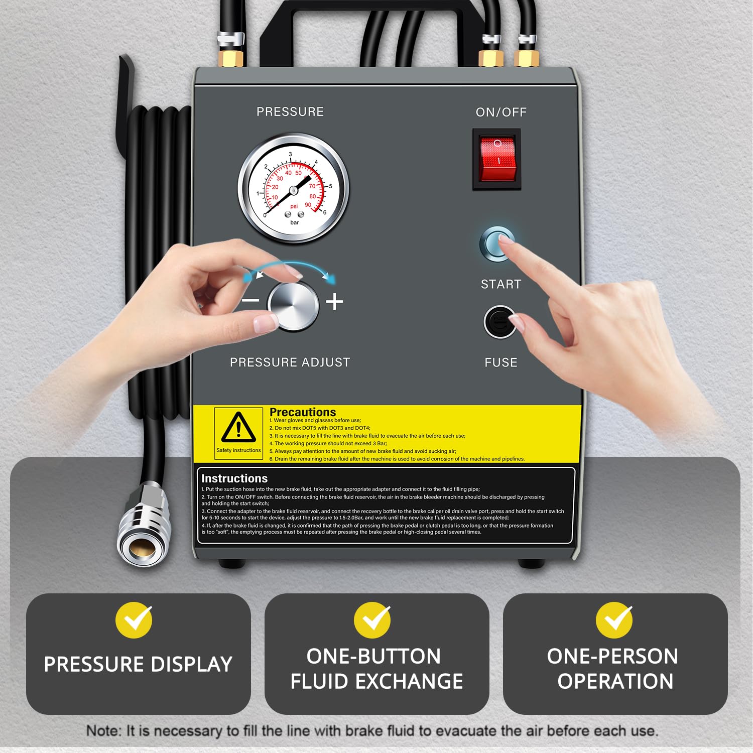 YSTOOL Kit de máquina de purga de freno de pulso eléctrico con 110 V CA y 12 V CC de doble propósito, unidad de purga de embrague, kit adaptador de cilindro maestro, botellas de aceite residual