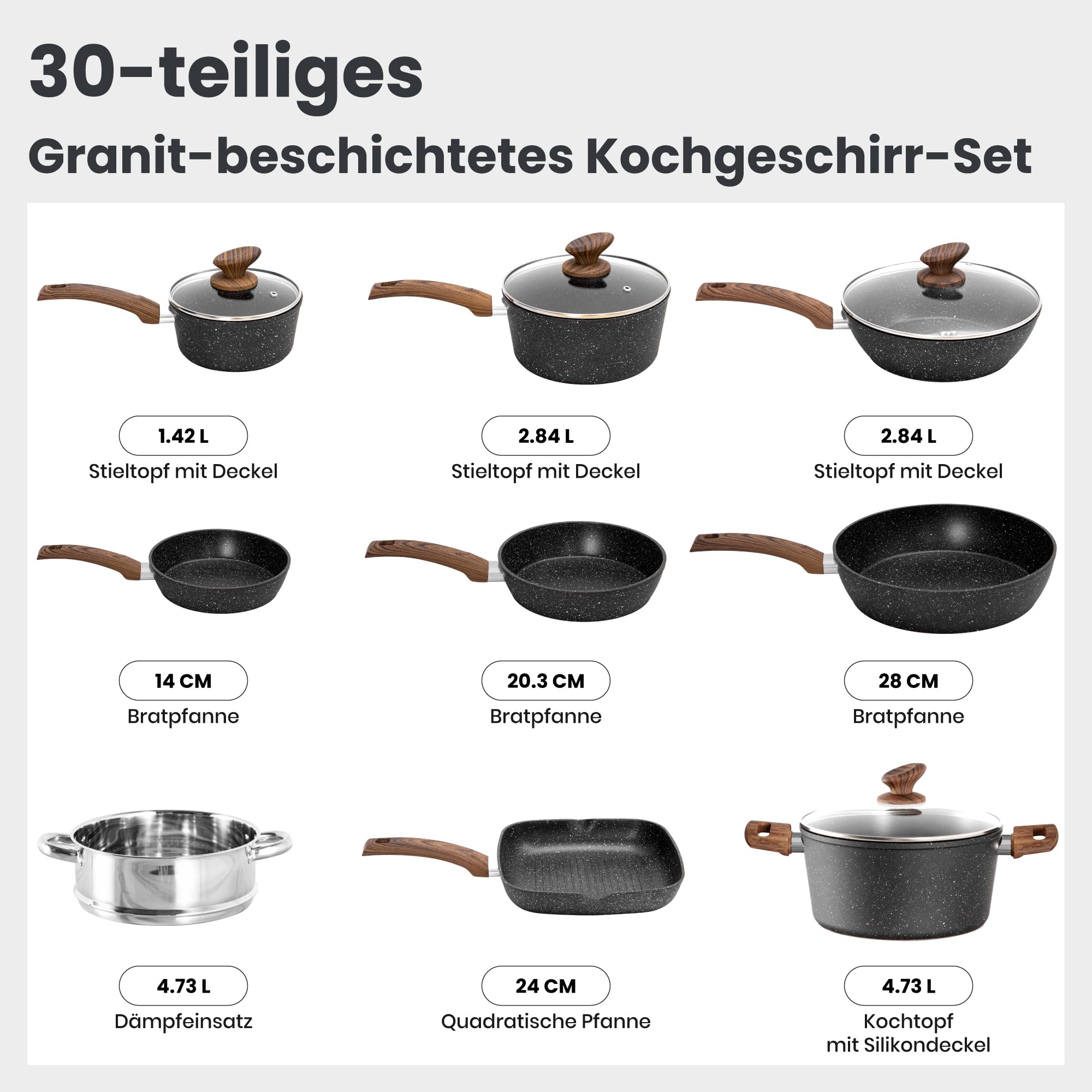 DishDelight 30pcs Ensemble Casserole et Poele Induction Antiadhésif Batterie de Cuisine Poele a Crepe Pancakes sans Pfas sans Pfoa Couvercles Verre