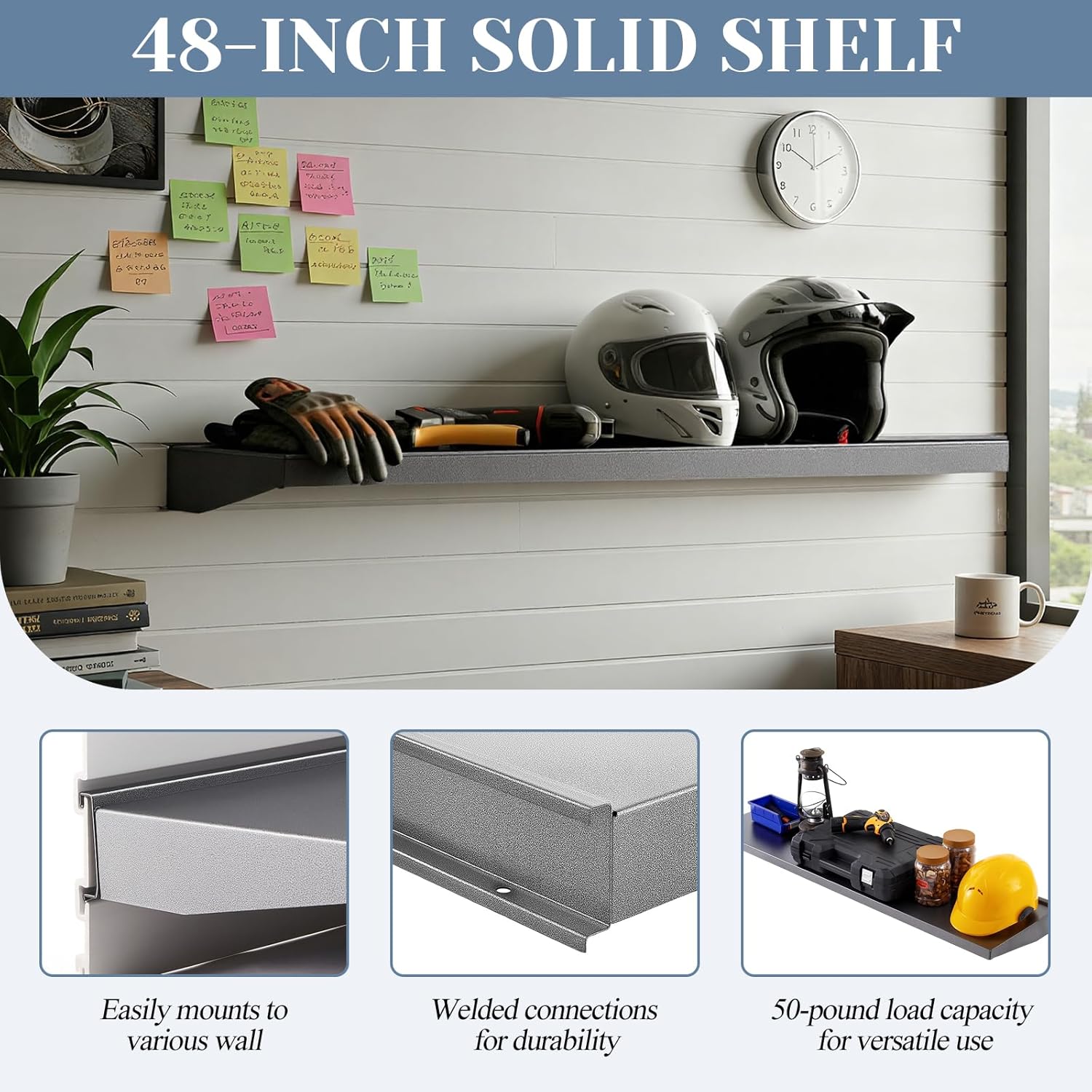 DoubleFill Heavy Duty Solid Shelf Steel Wall Mount Floating Shelf Holds 50 Lbs for Storing Grass Seeds, Fertilizer, Garden Tools, General Supplies(48 x 12 Inches)