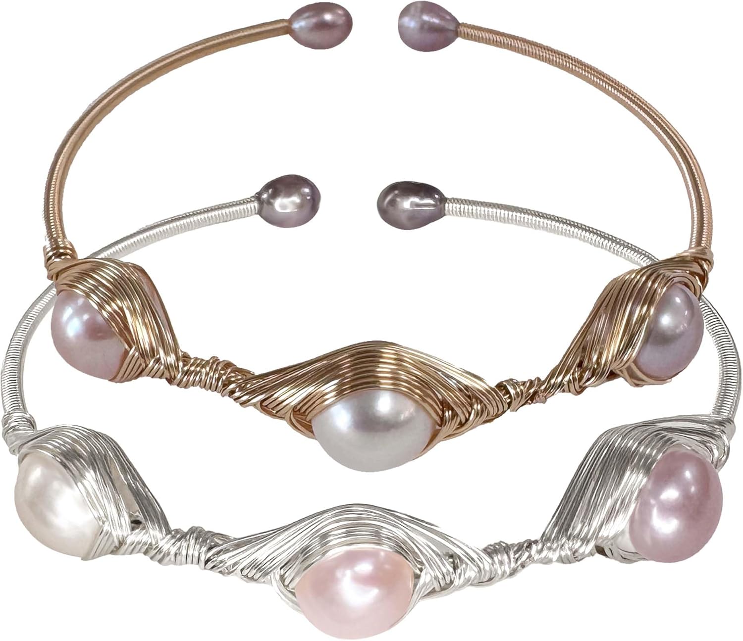 Women's Pearl Bracelet Cultured Pearls - Handmade Copper Wire Weaving with Freshwater Cultured Pearls Handcrafted Baroque Pearl Bracelet with Gold and Silver Wires - Image 6