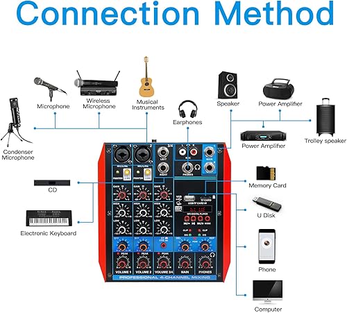 Vista 5 de Mezclador de audio de 4 canales, mini consola portátil de placa de sonido con interfaz de audio USB de 48 V Phantom Power Bluetooth USB MP3 DJ Mixer