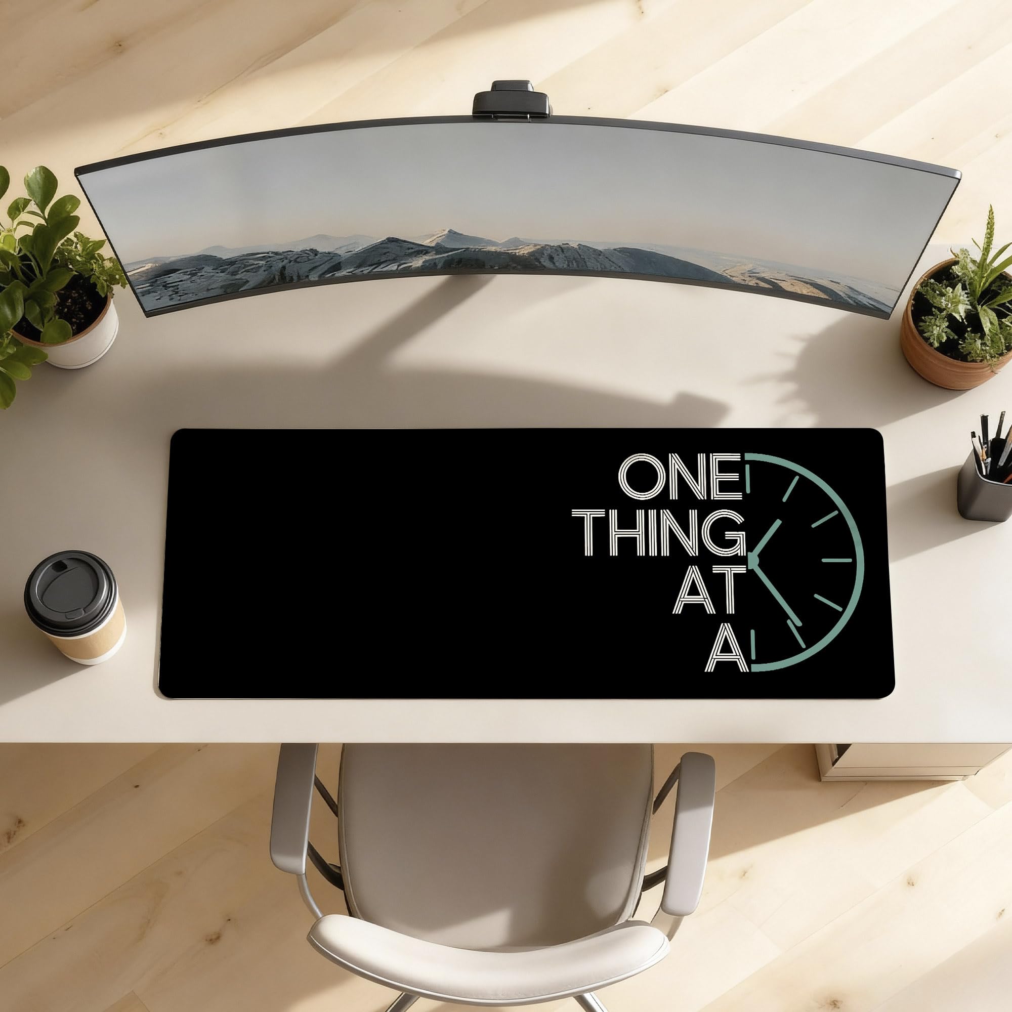 SoulAbiti One Thing At A Time Gaming Mouse Pad, 36 x 16 Inch XXXL Extended Desk Mat for Keyboard & Mouse, Black Cyan Productivity Deskpad, Non-Slip Rubber Base, Stitched Edges 1