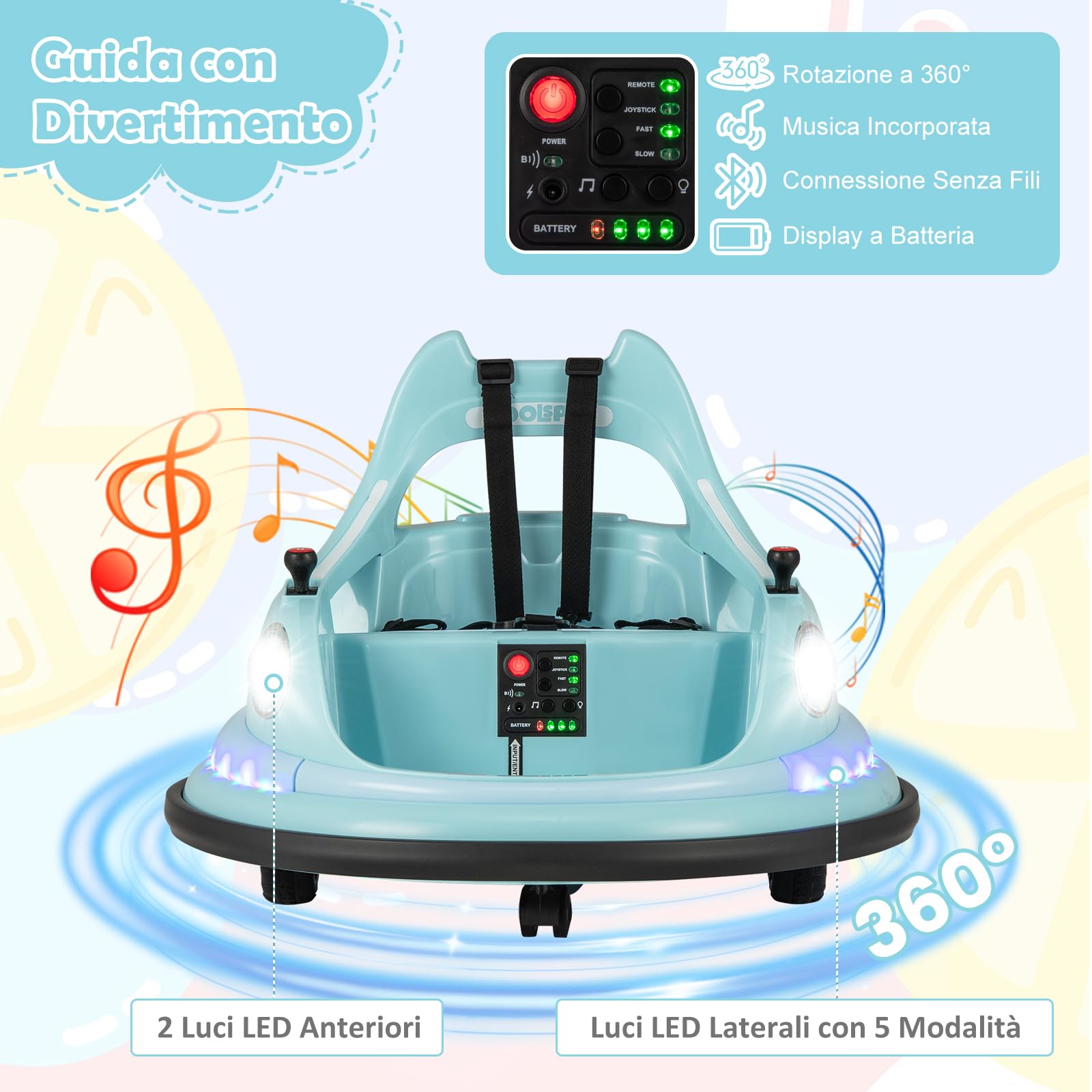 RELAX4LIFE Autoscontro Elettrico 12V per Bambini, con Telecomando, Doppio Joystick, Rotazione a 360°, 5 Modalità di Luci, Musica e Cintura di Sicurezza, per Bambini da 3+ Anni (BLU)