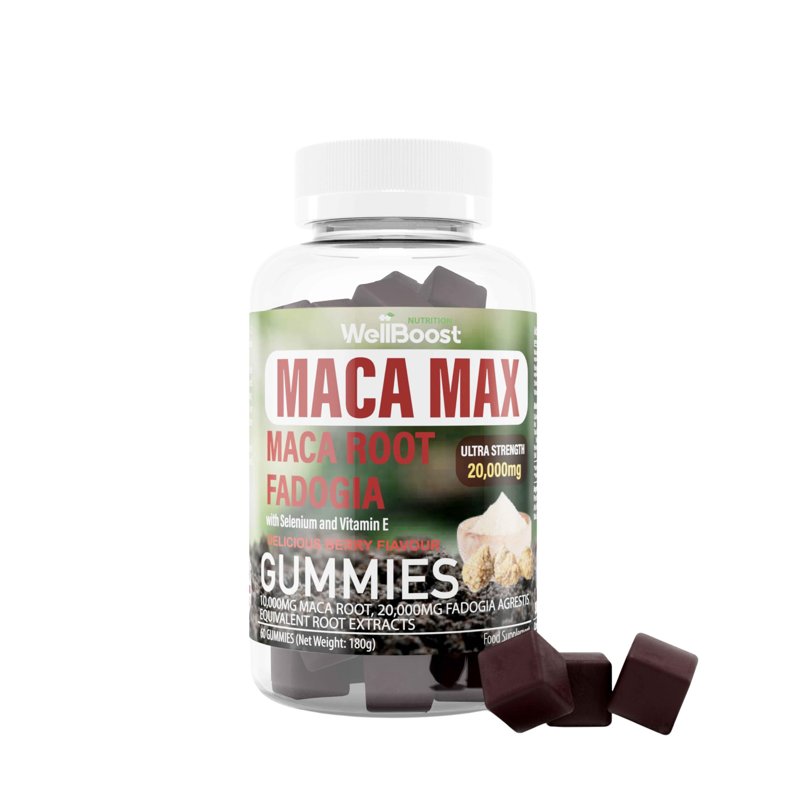 Maca MAX -Ultra Strength (30,000mg Equivalent Extracts) Maca Root, Fadogia Root, Selenium, VIT E, 60 Chewable Gummies for Adults -2000 mg Active per Serving, Strawberry Flavour, Suitable for Vegans