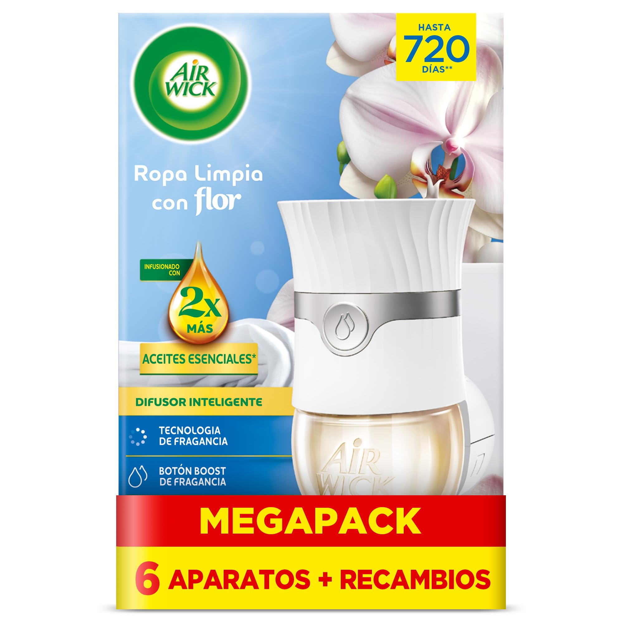 Air Wick Eléctrico Aparato y recambio de ambientador automático eléctrico, con aroma a Ropa Limpia com Flor - 6 Aparatos + 6 Recambios, El embalaje puede variar