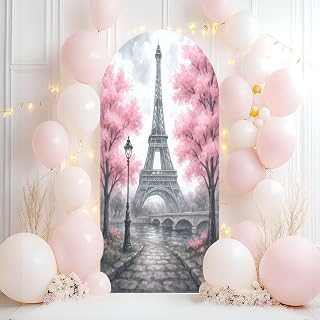 Wedding Arch Backdrop Cover 7.2FT Oil Painting Paris European City Landscape France Tower Spandex Fitted Arch Cover Round Top Stands Cover for Birthday Party Ceremony Banquet Decoration
