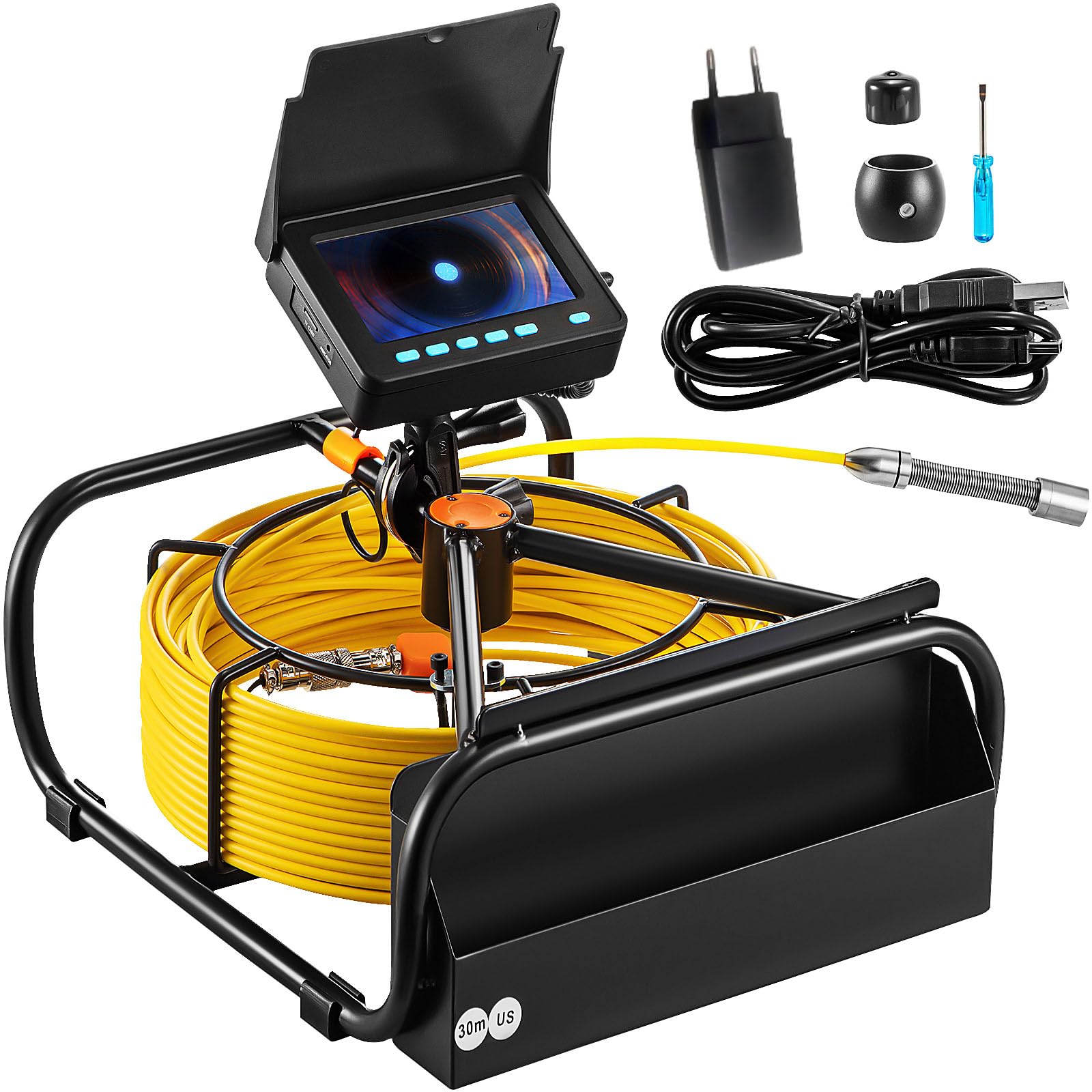 VEVOR Cámara de Alcantarillado, 30 m, Cámara de Inspección de Drenaje con Luces 6 LED Ajustables, Tarjeta de 16 GB, Zoom 3X y Batería Recargable de Alta Capacidad de 8500 mAh, 335 x 283 x 130 mm