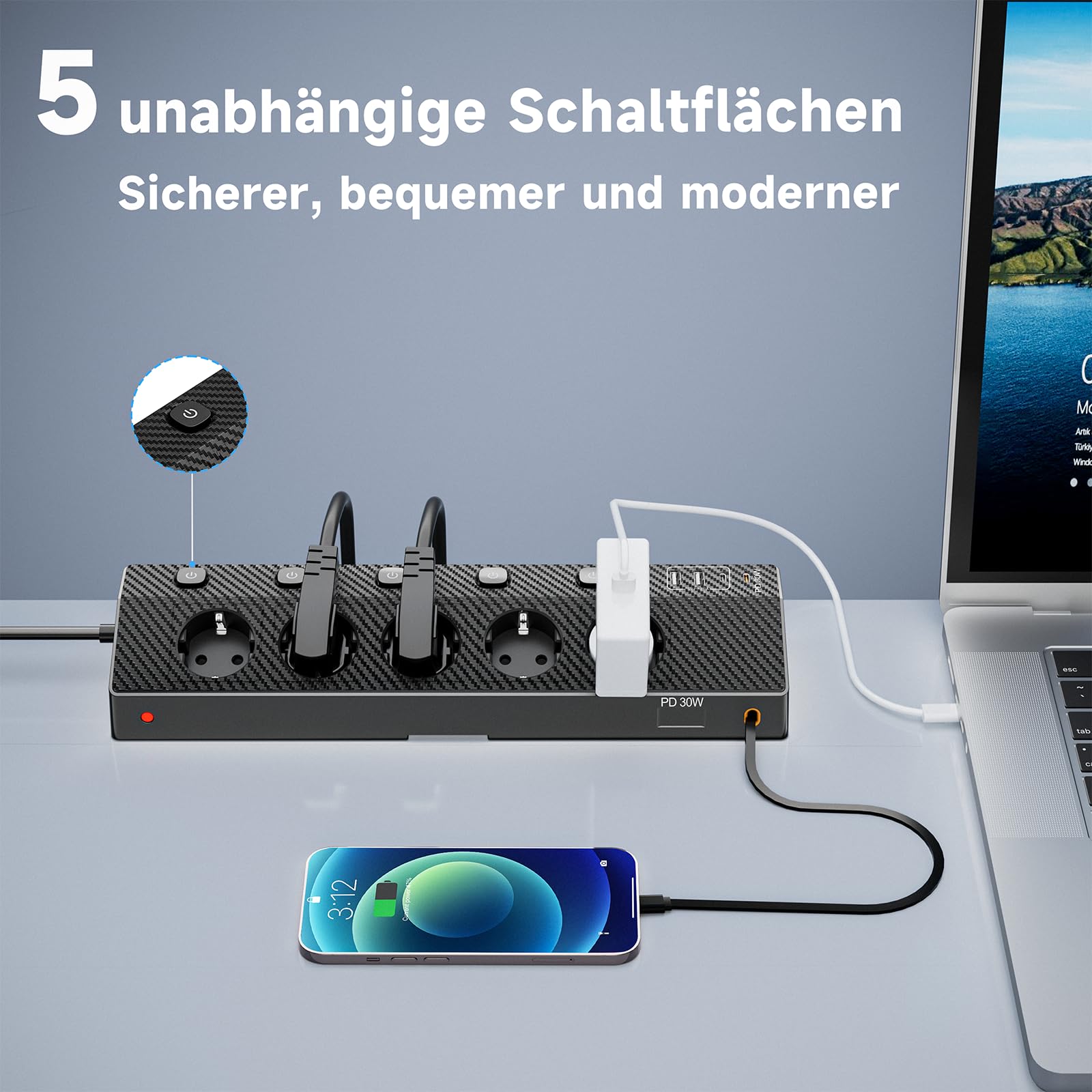 Ciabatta da tavolo con 2 USB C (PD 30 W), 5 prese multiple con interruttore, ciabatta con USB, 4000 W/16 A, cavo da 2 m, per casa, ufficio e viaggi (nero, 3 m e 30 W)