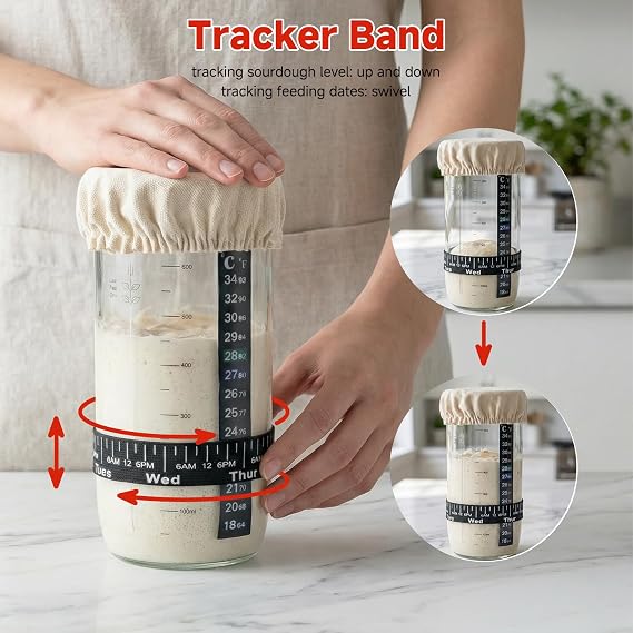 Sourdough Starter Kit- 24oz/730ml Large Capacity Sourdough Starter Jar with Thermometer and Date Marked Feeding Band, Sourdough Bread Baking Supplies for Making Delicious Sourdough Breads