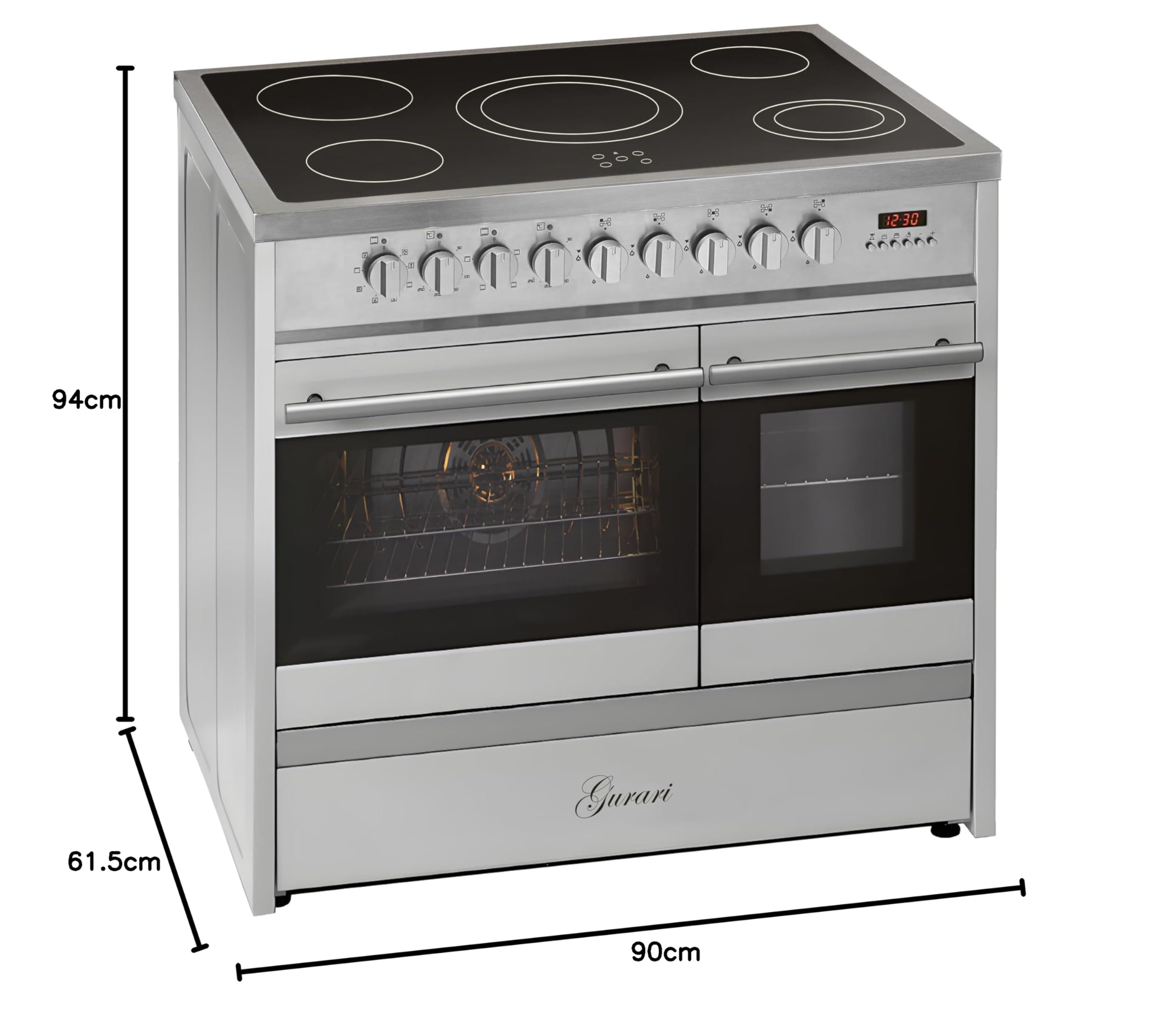 GURARI Cucina Elettrica GCH E 912 DF X Cucina 90 cm a Libera Installazione in Acciaio Inox con Doppio Forno e Piano Cottura in Vetroceramica a 5 Zone Hi-Light, Classe Energetica A, Design - Moderno