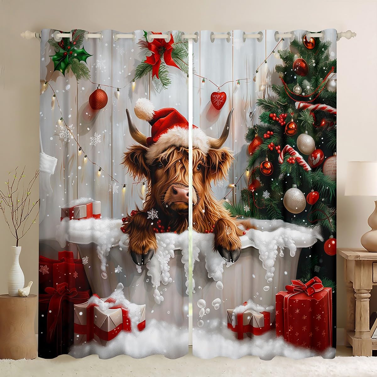 Manfei Highland Cattle Kids Blackout Curtain,Christmas Tree Funny Animal Nursery Bedroom Playroom Decor,Gift Box Winter Snowflake Xmas Window Drapes,Gray Red 2 Panels,46Wx54L inch