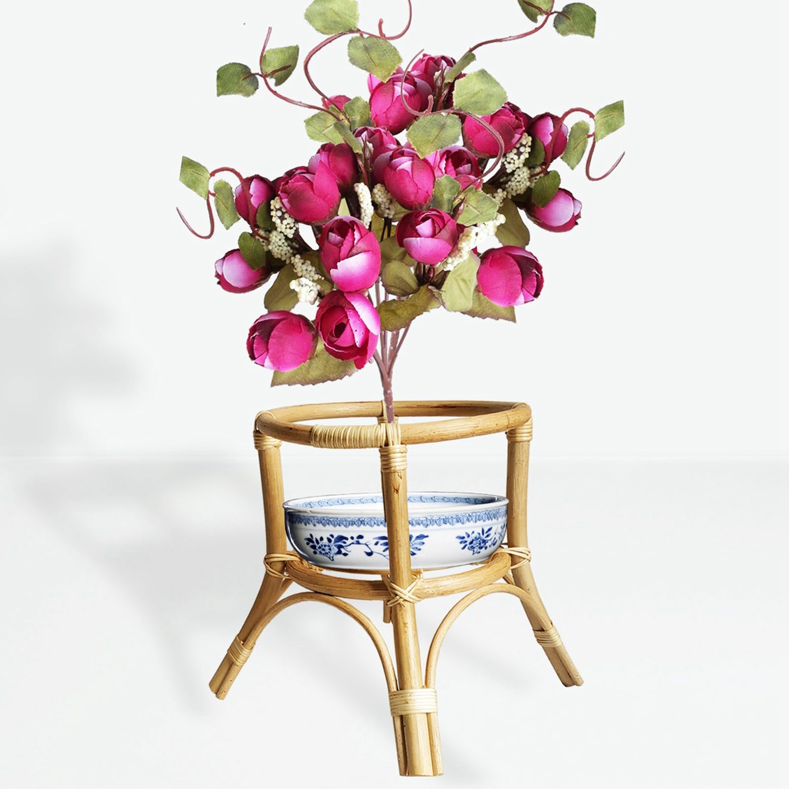 Soporte para Plantas de Ratán, Soporte para Flores de Ratán de Estilo Nórdico, Soporte Macetero Rústico de Ratan con Patas, Soporte para Maceta para Interiores, para Jardín Patio Esquina(24x26cm)