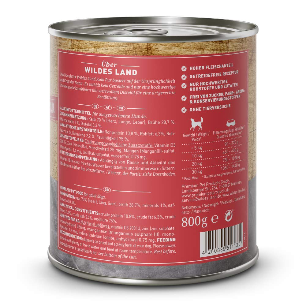 WILDES LAND – Wild | Nassfutter mit extra hohem Fleischanteil und natürlichen Zutaten für ausgewachsene Hunde. Getreidefreies Alleinfutter ohne Zusatzstoffe in der Dose | 12x800g Wild