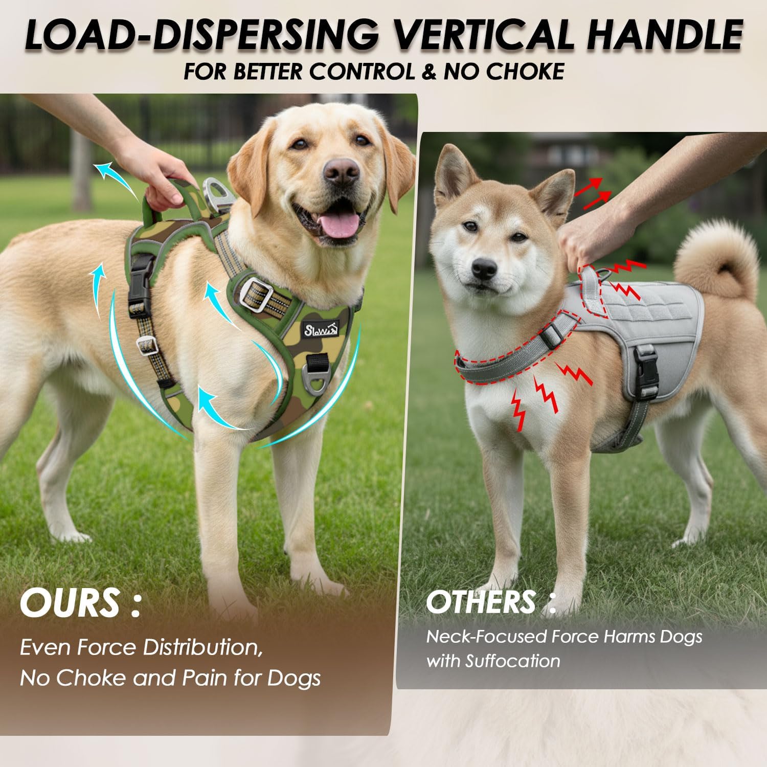 SlowTon No Pull Dog Harness, Heavy Duty No Choke Pet Harness with 2 Leash Clips and Easy Control Vertical Handle, Adjustable Soft Padded Dog Vest for Small, Medium and Large Dogs(Green Camo, Medium)