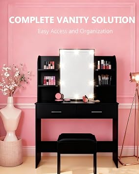 Dressing Table with Mirror and Stool, Adjustable Brightness Makeup Desk with Mirror and Drawers, Vanity Desk with LED Lights Jewellery Storage 3 Color Light Bedroom Living Room, Black