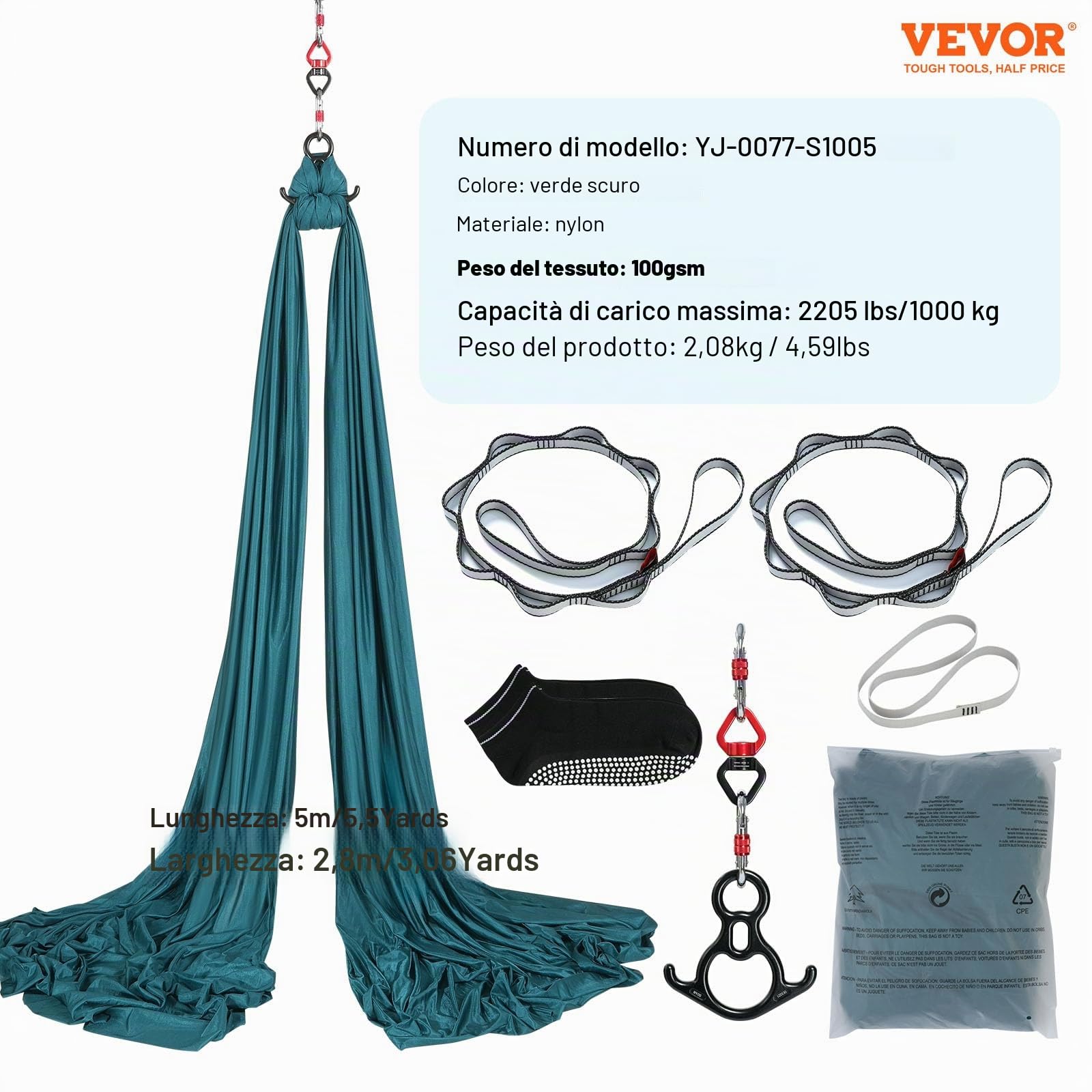 VEVOR Amaca e Altalena per Yoga Aerea, 5,5 Metri, Starter Kit per Yoga Aerea con Tessuto in Nylon da 100 g/m², Hardware Completo e Guida di Installazione Facile, Volo Antigravità Verde
