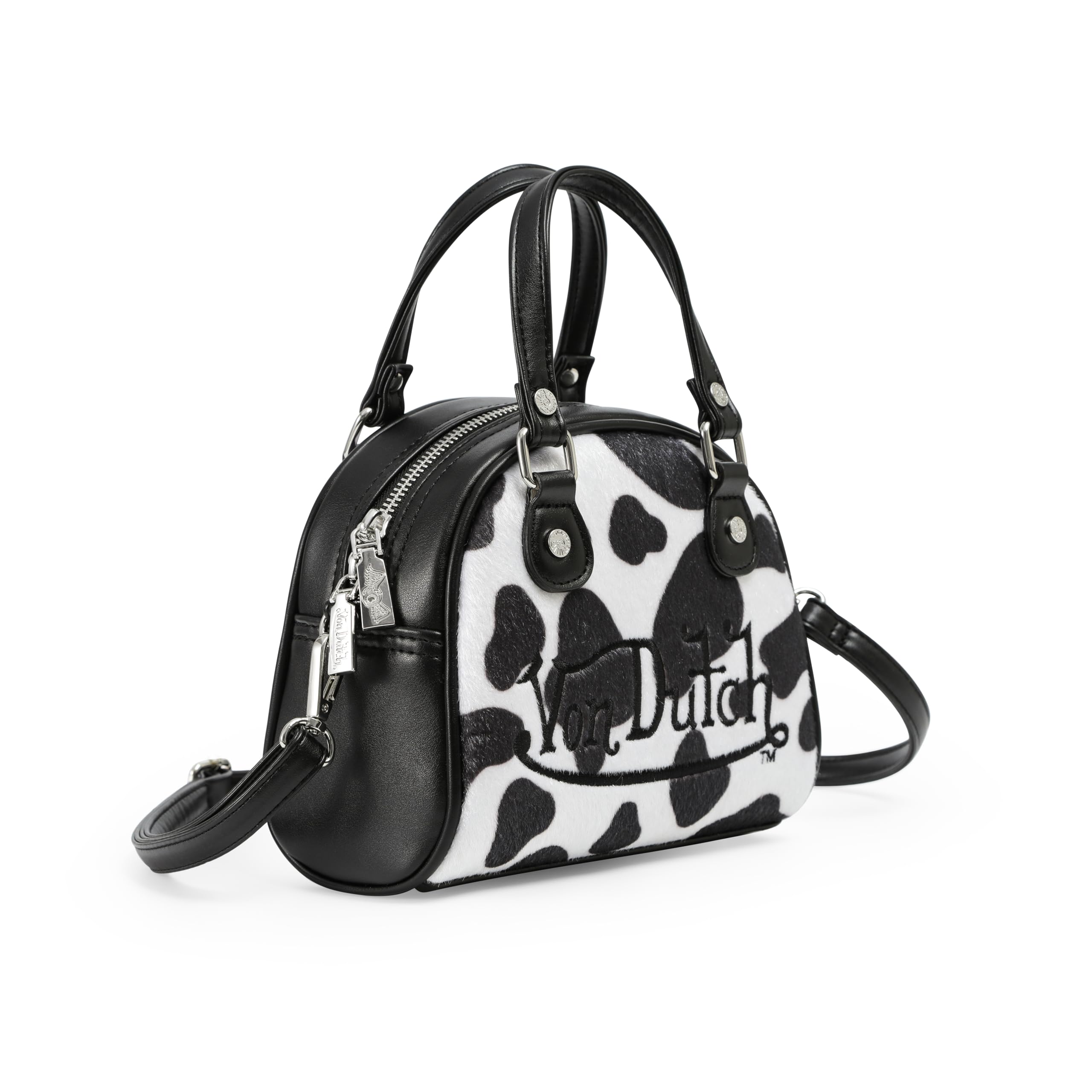 Von Dutch Womens Cow Print Bowling Bag Purse - Stylish Women's Handbag with Adjustable Strap, Spacious Interior, and Vegan Faux Fur (Black)