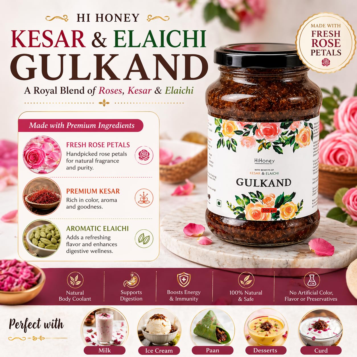 Hi Honey Natural Organic Gulkand 500g | Sun-Cooked Damask Rose Petals & Rock Sugar | Kesar Elaichi Infused | Ayurvedic Digestive & Natural Body Coolant | No Artificial Flavors 3
