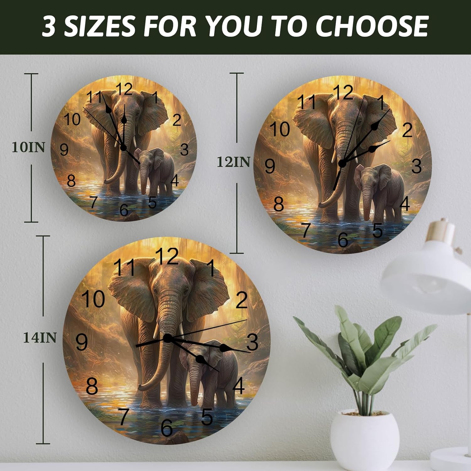 Wall Clock 14 Inch Silent Non-Ticking, Elephant Round Decorative Clock for Living Room Bedroom Kitchen School Easy to Read Battery Operated Mute Clock