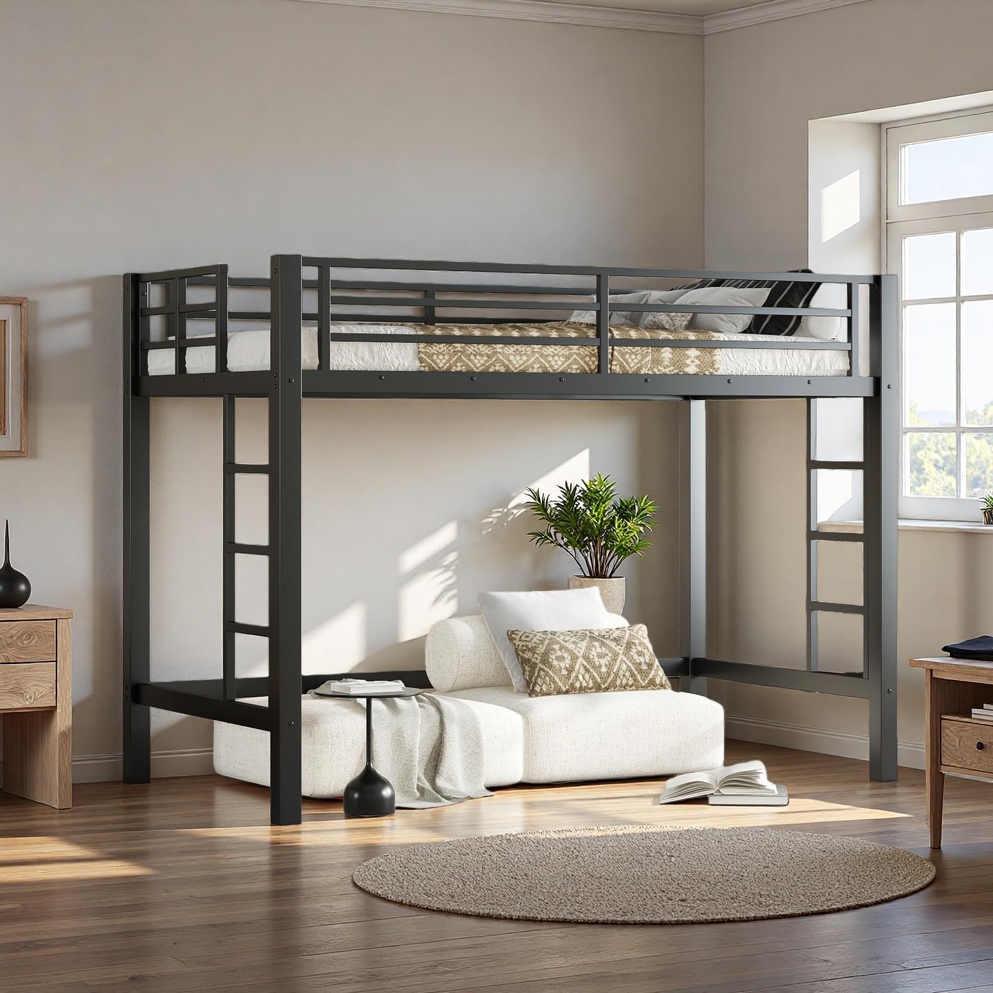 SOFTSEA Twin Size Metal Loft Bed, Heavy Duty Metal Loft Bed Frame with Full-Length Guardrails & 2 Ladders for Teens & Adults, Spacious Under-Bed Space, Easy Assembly, Black