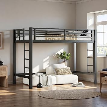 SOFTSEA Twin Size Metal Loft Bed, Heavy Duty Metal Loft Bed Frame with Full-Length Guardrails & 2 Ladders for Teens & Adults, Spacious Under-Bed Space, Easy Assembly, Black