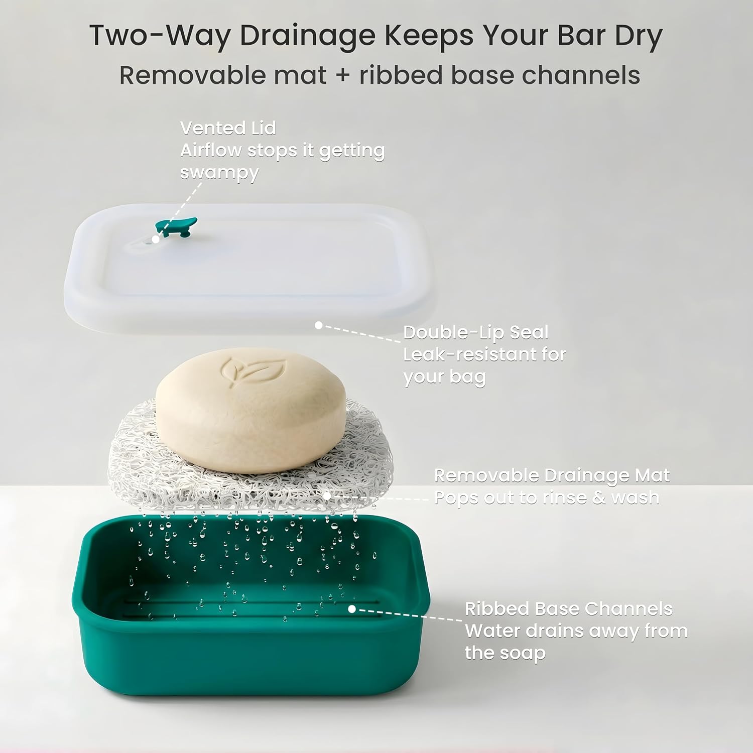Large Silicone Travel Soap Case & Shampoo Bar Holder, Drain Mat image 2