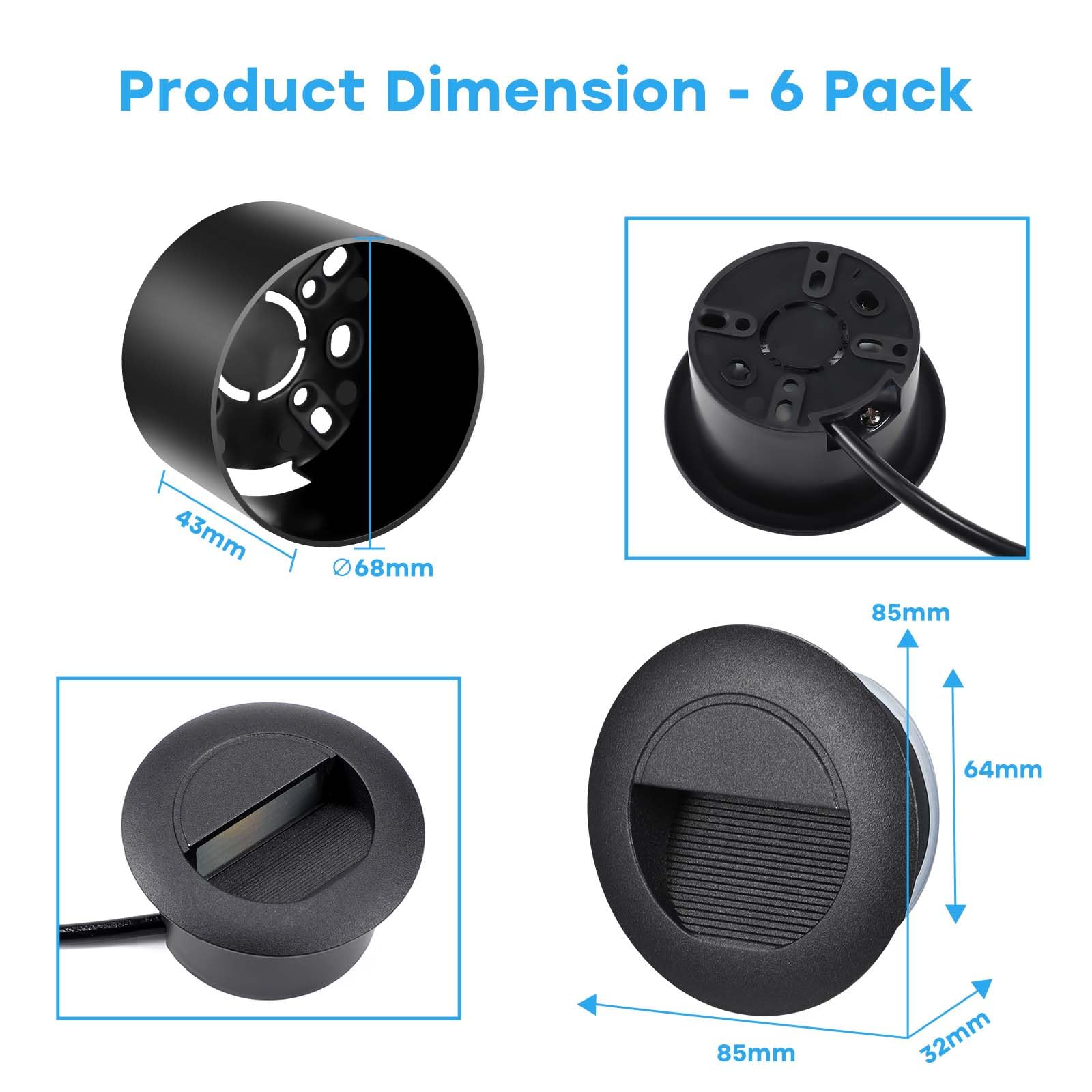 6 Stück Treppenbeleuchtung 5W 500lm, COB LED Treppenstufenbeleuchtung 230V 3000K, 85x85mm, IP65 Wandeinbauleuchte Rund Treppenlicht für Treppen Wand, Unterputzdosen 68mm, Aluminium Schwarz