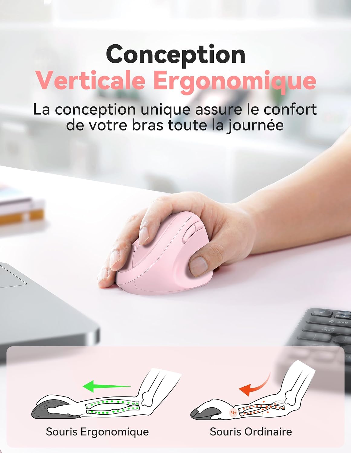 Diagram illustrating the ergonomic vertical grip versus a traditional mouse grip