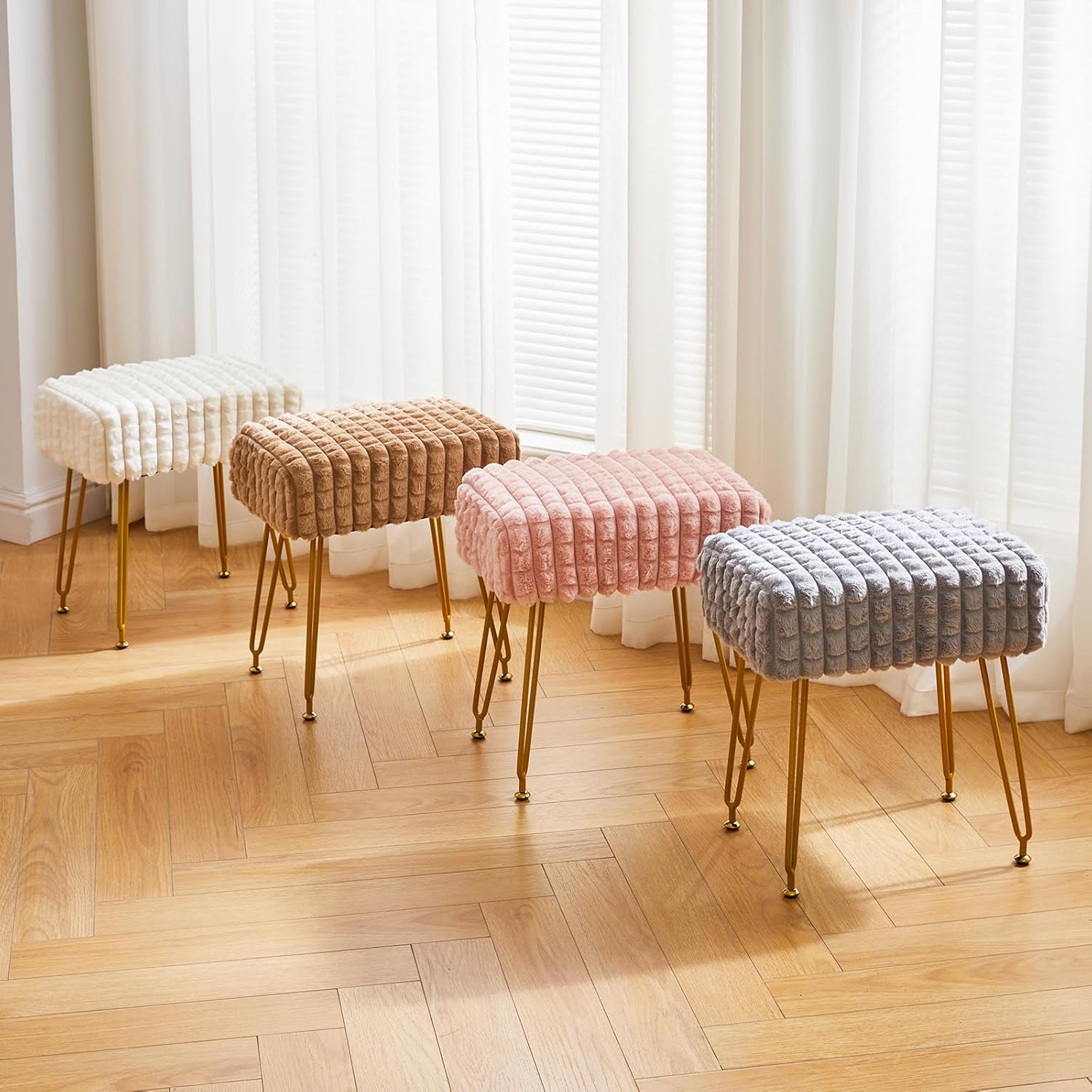 IBUYKE Rectangular Footrest Stool Ottoman, Makeup Vanity Stool Side Table, Velvet Dressing Table Seat, Footstool Chair, Golden Steel Legs, for Makeup Room, Bedroom, Square Grid Pattern, Pink WBD003P - Image 6