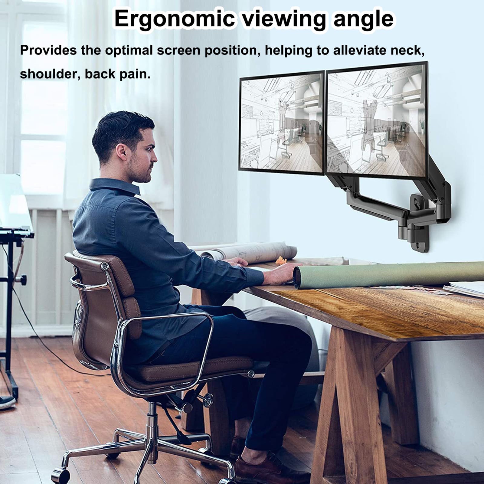 Soporte De Pared Para Dos Monitores, Con Brazos Ajustables, Para Monitores De 17-27″ (Capacidad De Carga De 17,6lb Por Brazo), VESA 75/100mm, Para Oficinas En Casa Y Configuraciones De Juegos