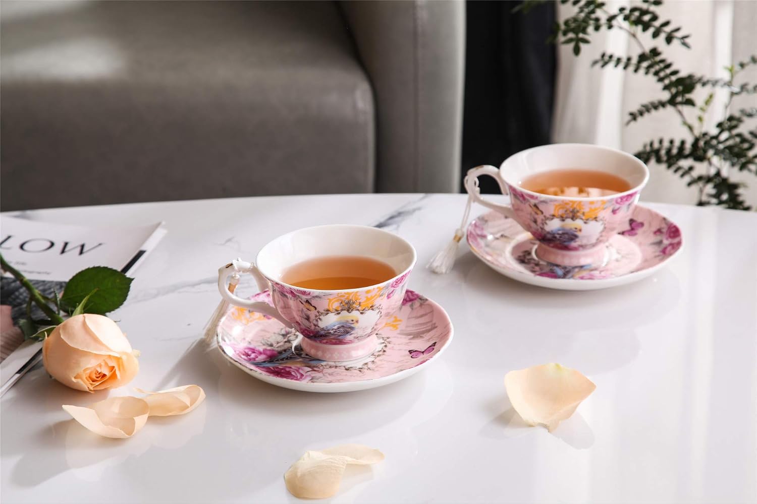London Boutique Tea Cups and Saucers Set 2 Tea Set Floral Tea Cup Vintage Shabby Chic Premium Porcelain New Bone China Gift Box 8oz (Vintage Retro Rose)