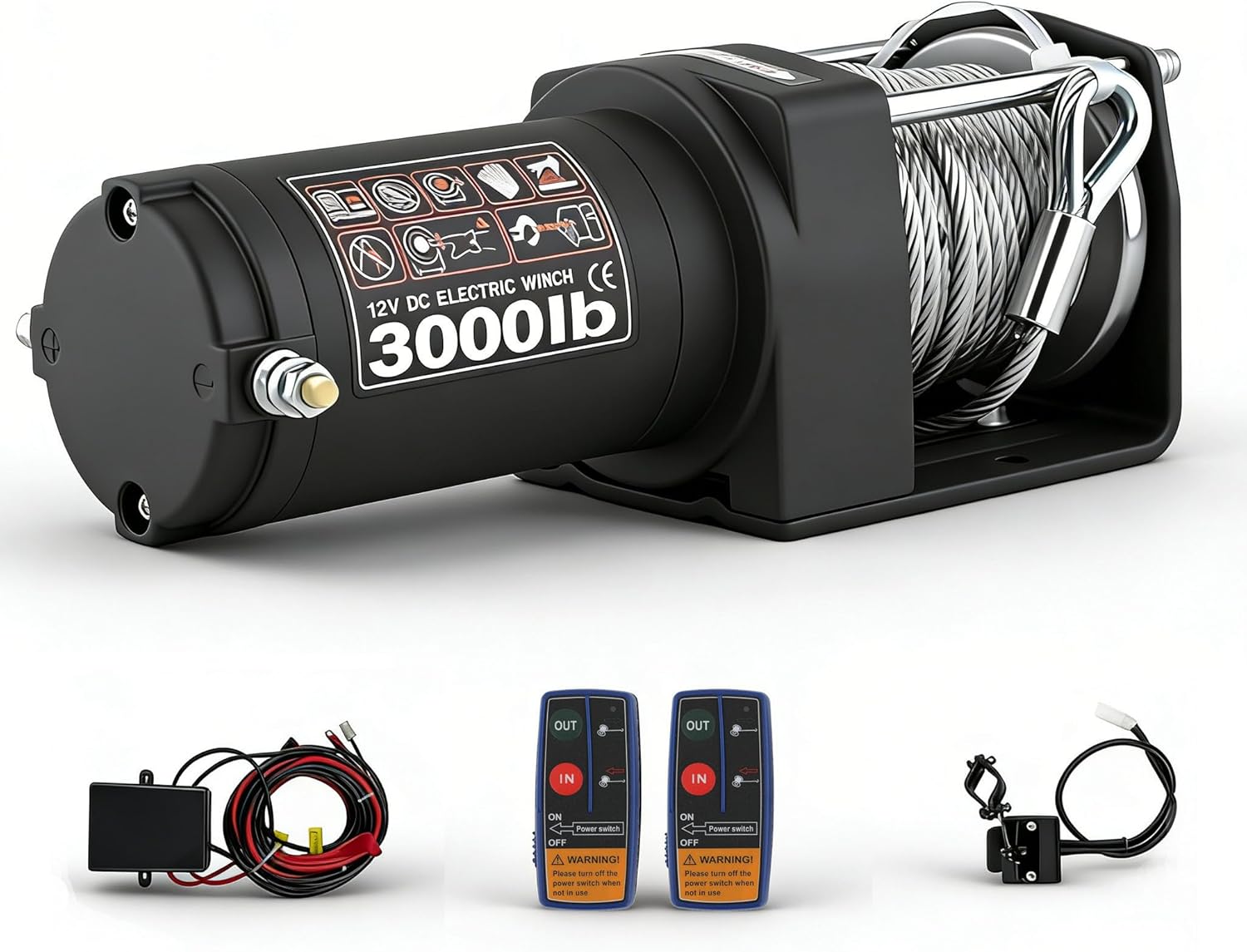 3000 lbs Electric Winch, 12V Steel Rope Trailer Winch with Wireless & Wired Remote, Waterproof Recovery Winches for Towing ATV/UTV, Boat, Black