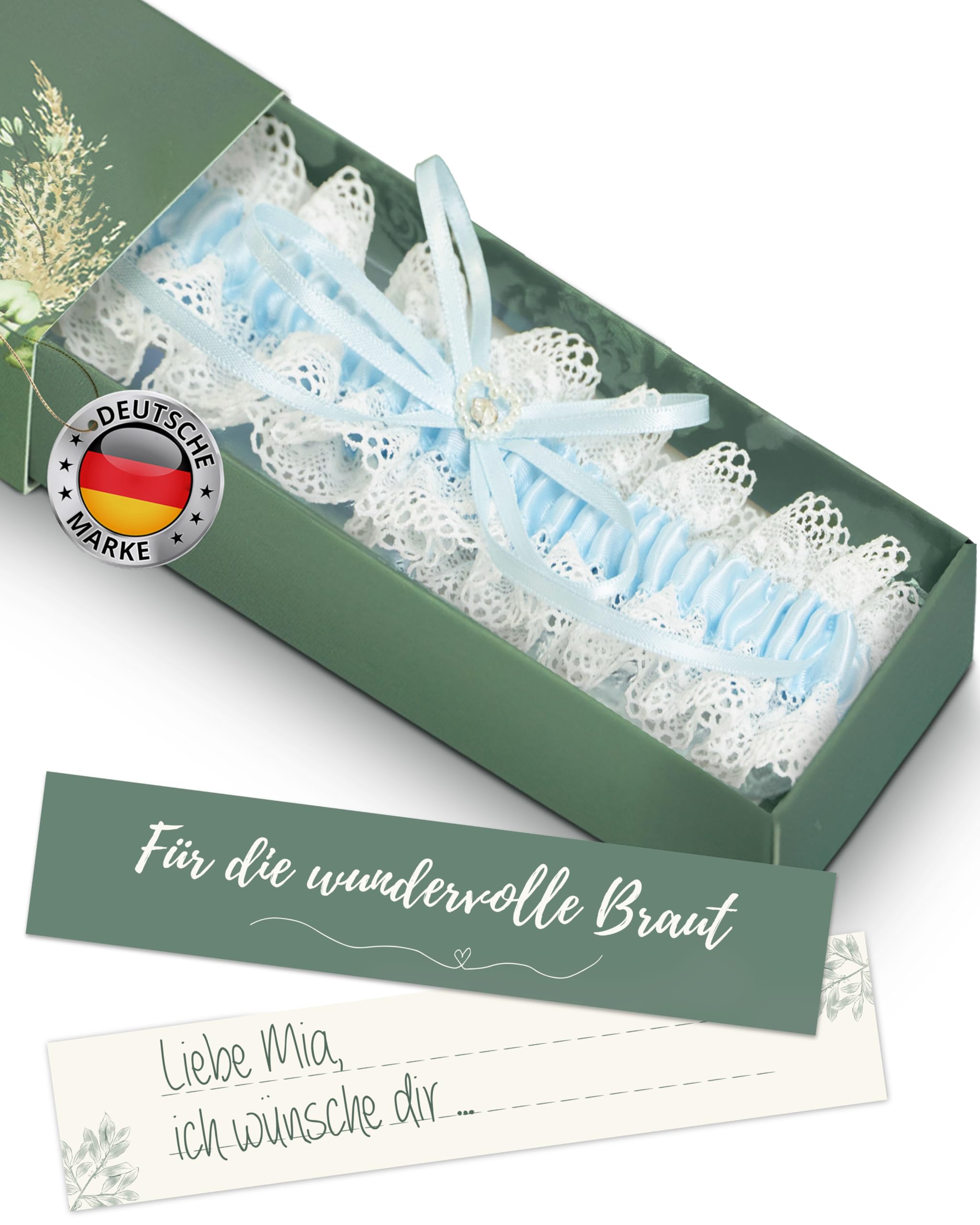 HOCHZEITSHELD Blaues Strumpfband Hochzeit - Klassisches Strumpfband Blau Hochzeit für die Braut - Elegantes Hochzeitsgeschenk Bride - Edles JGA Accessoires Frauen - Oberschenkel Strumpfband Hochzeit