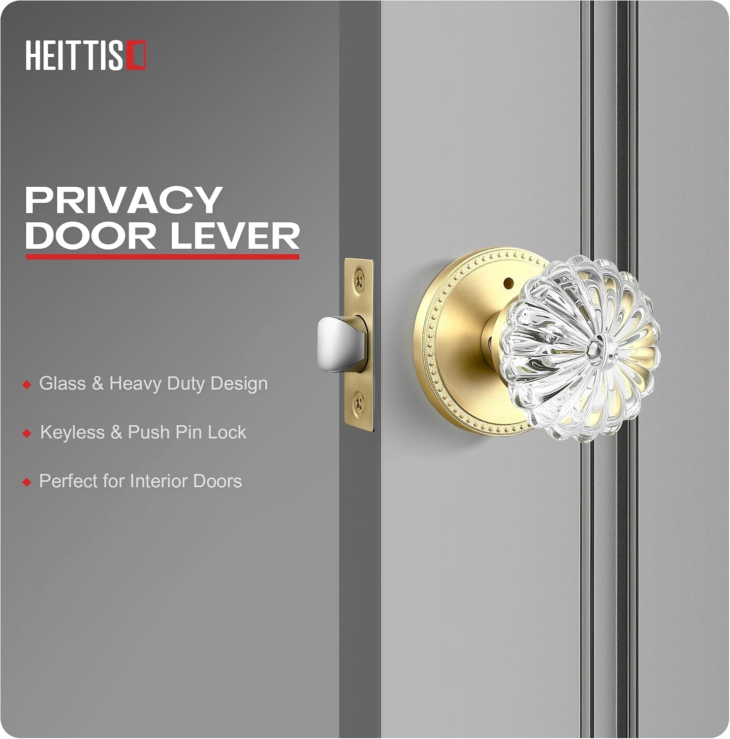 1 Pack Glass Door Knob, Heavy Duty Gold Crystal Door Knobs Interior,Privacy Interior Gold Door Knob for Bathroom & Bedroom,Satin Brass Finished