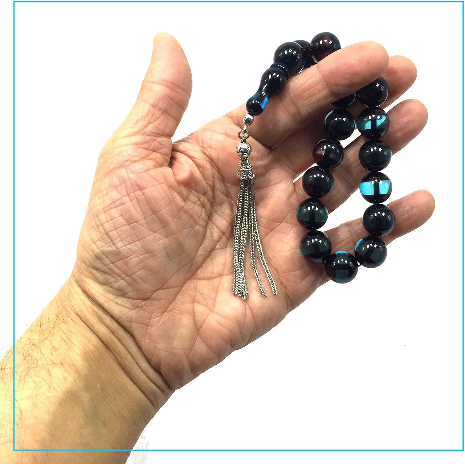 Relaxing Stress Relief Big Prayer Beads, Worry Beads, EFE Tesbih, Maskot Tesbih, Tasbih, Rosary ((14mm-17 Beads -Turquoise Striped Color-Turkish Surmeli Resin Beads))