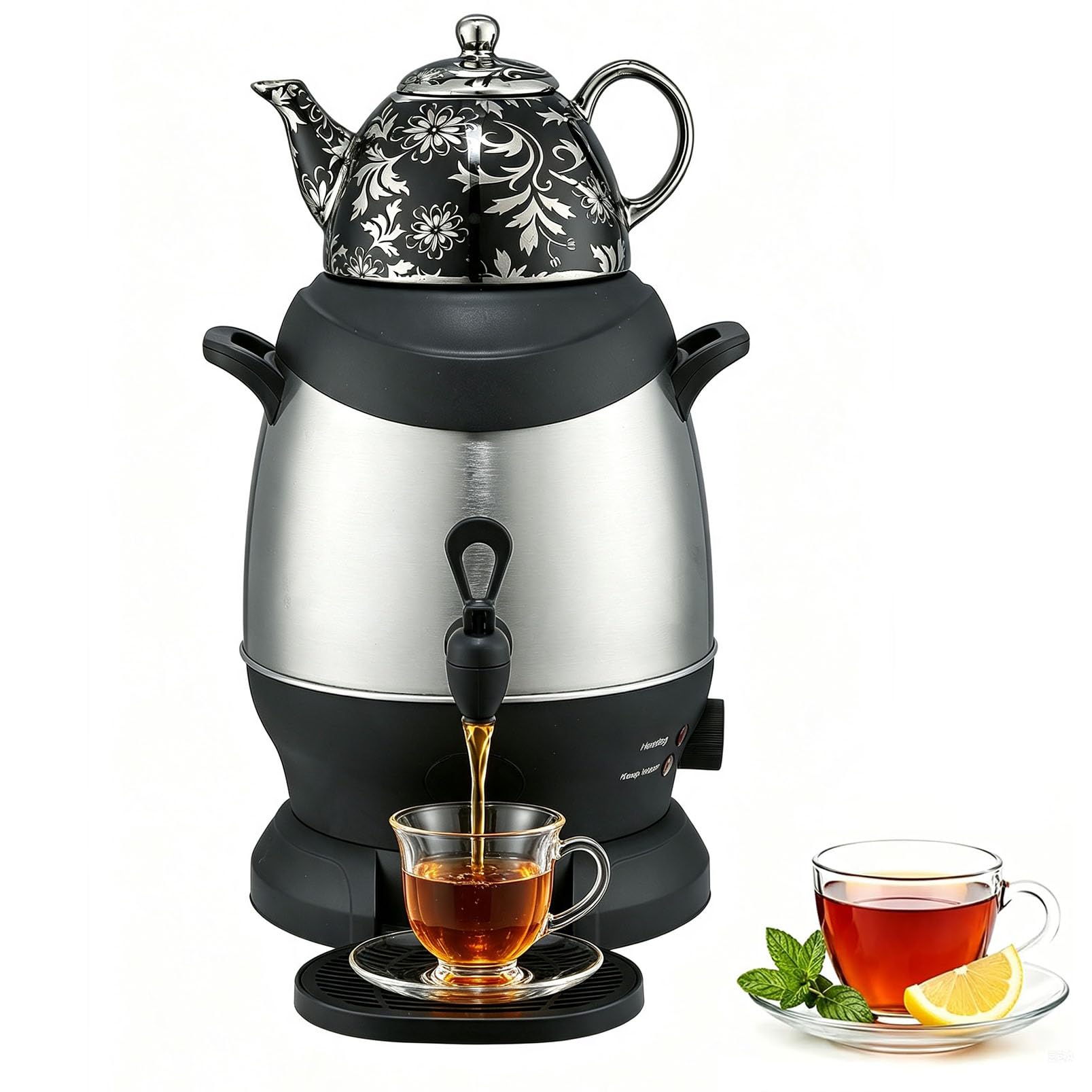 Teteras Turca Eléctrica 5L Con Teteras Cerámica 1L | Teteras Cristal 2 Niveles, Acero 5L, Apagado Automático Y Mantener Caliente(black)