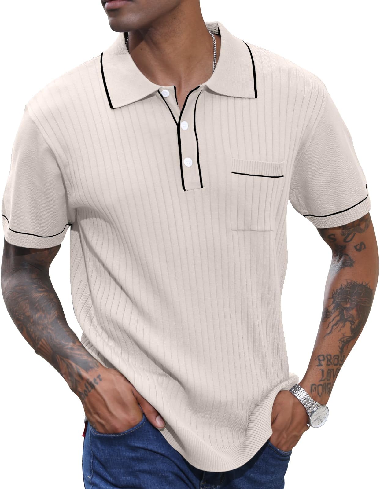 CTUMen's Knit Polo Shirts Casual Short Sleeve Lightweight Ribbed Golf Shirts Texture Tops with Pocket