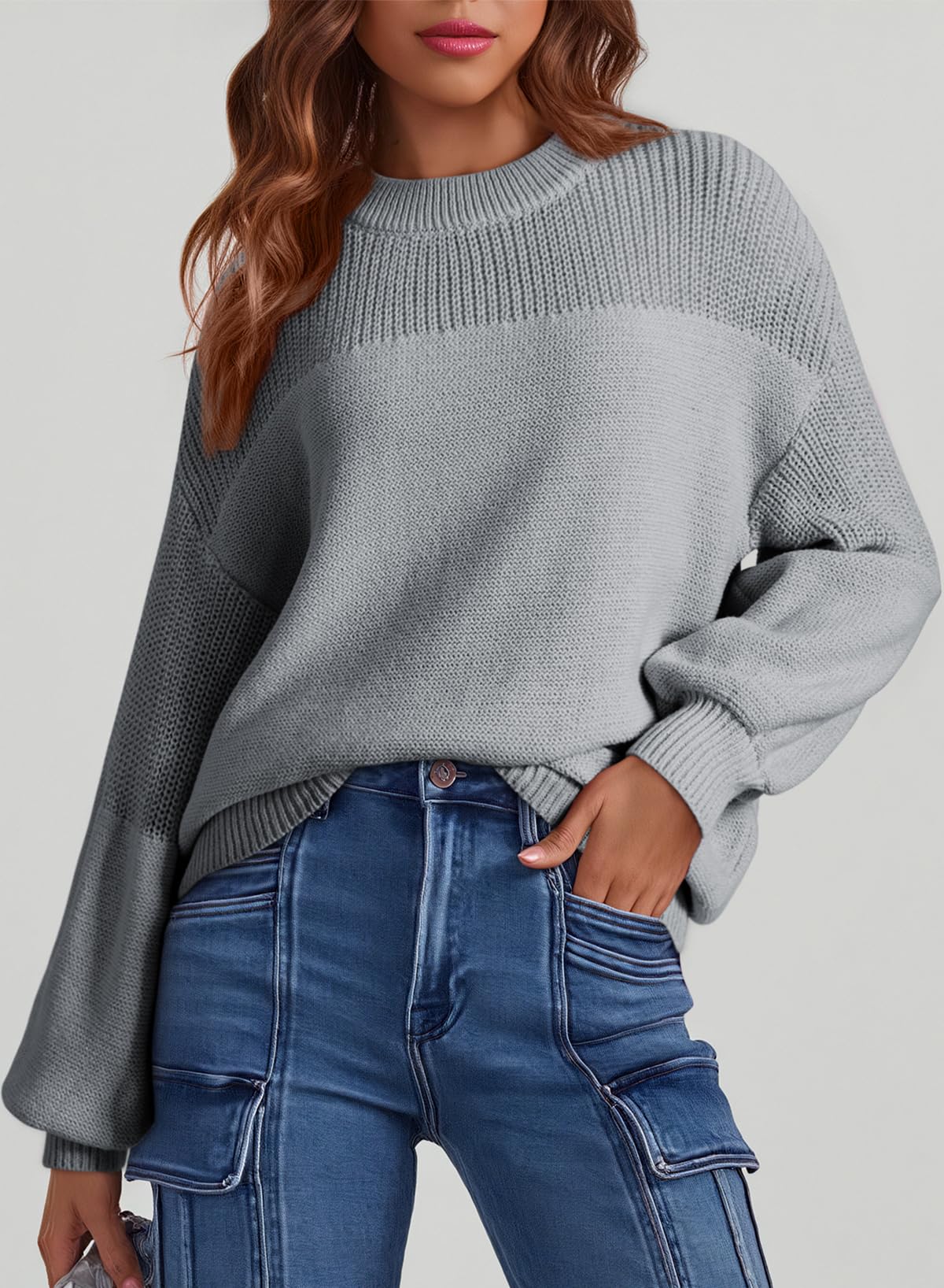 Dokotoo Damen Pullover Elegant Rundhals Puffärmel Strickpullover Einfarbig Lässig Lose Oberteile Herbst Winterpullover Pulli S-XXL