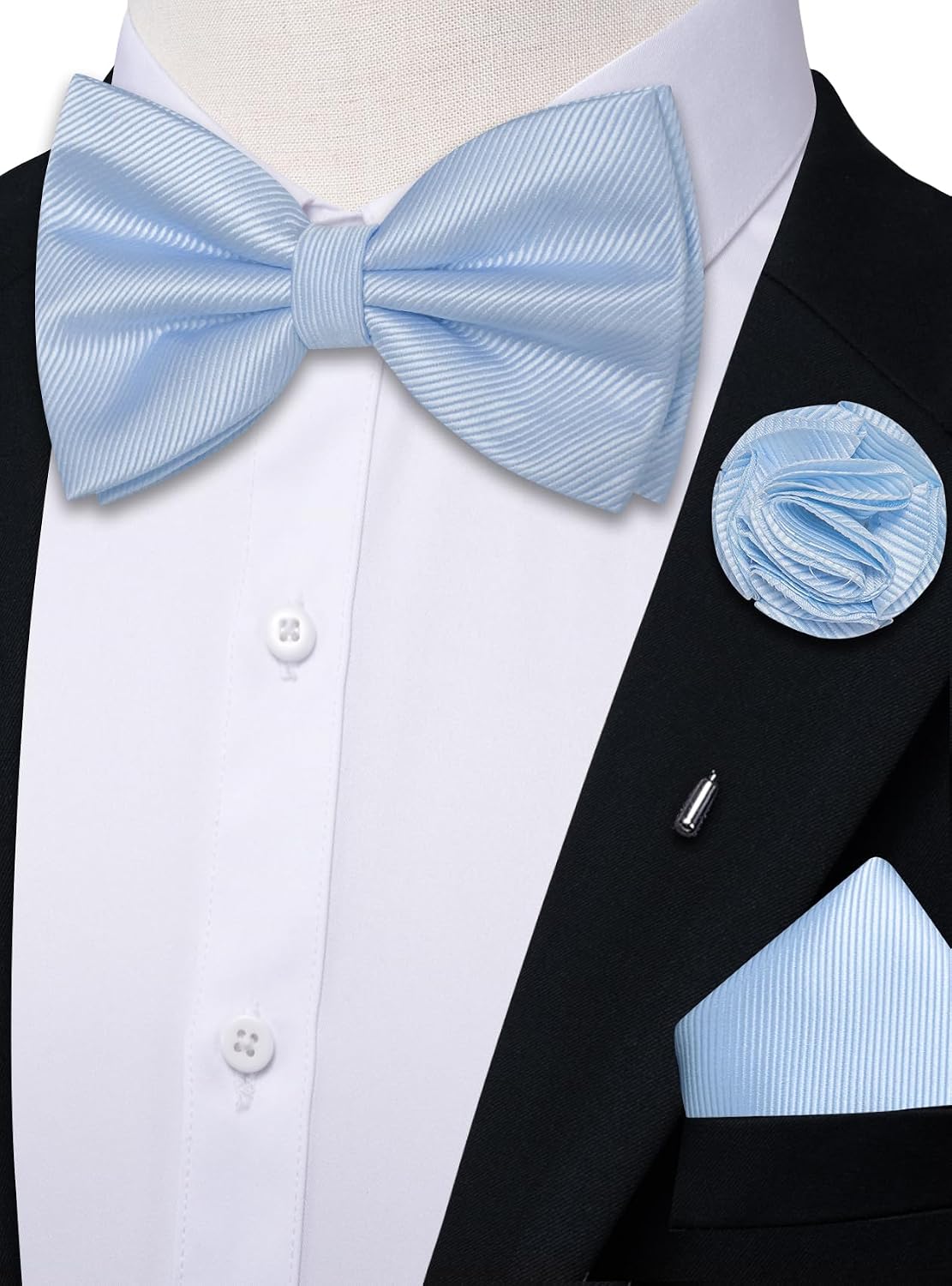 Solid Color Bow Tie Set Silk Woven Pre-tied Bowtie and Pocket Square with Lapel Pin Wedding Party