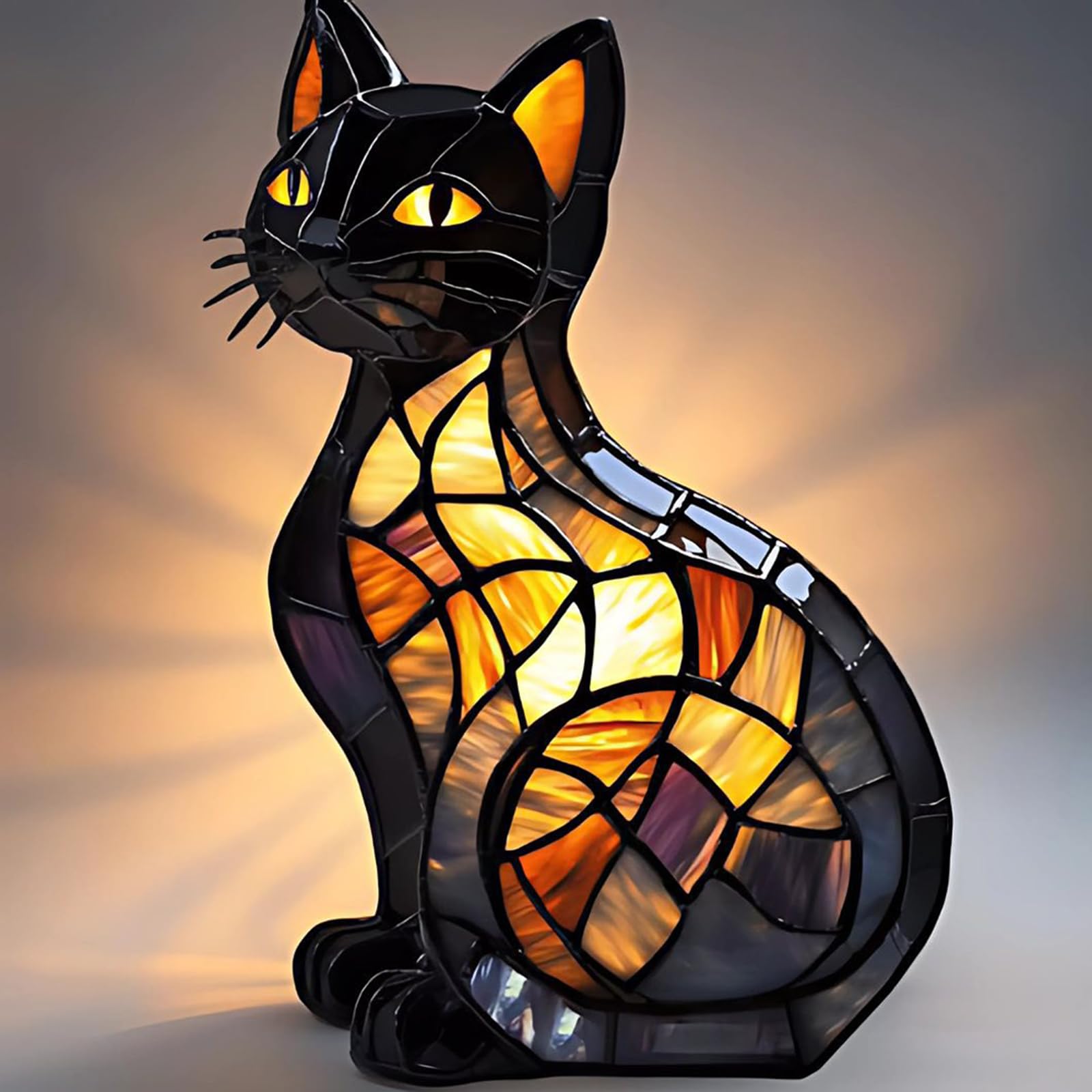 lampe chat vitrail,lampe en forme de chat,cat lamp mosaic,lampe de table en vitrail représentant un chat,katzenlampe mosaik,lampe à vitrail d'animaux,lampe chat led,lampe de table animale-A