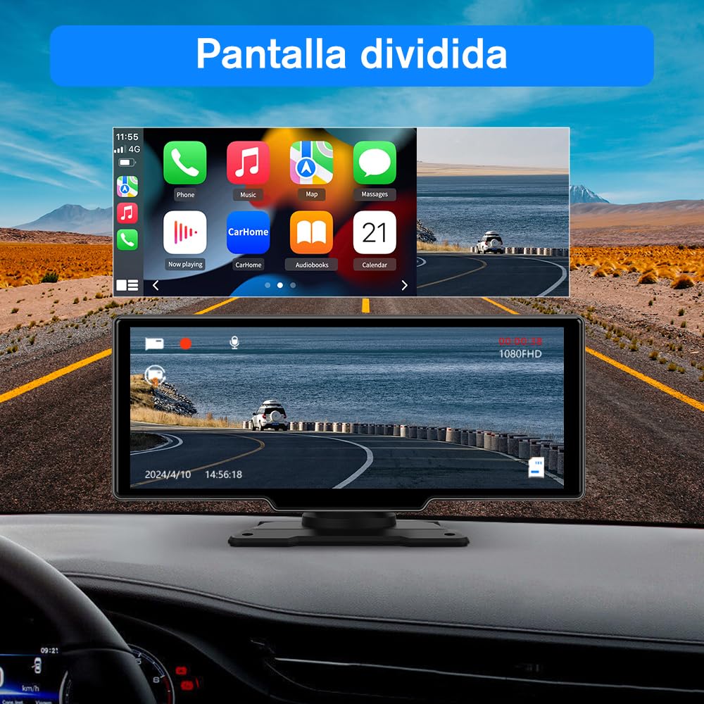 AWESAFE Pantalla Táctil de 10.26 Pulgadas para Coche con CarPlay/Android Auto Inalámbrico, Pantalla Portátil con Dashcam 4K Frontal/Cámara Trasera de HD 1080P/Control por Voz/Bluetooth/Mirror Link