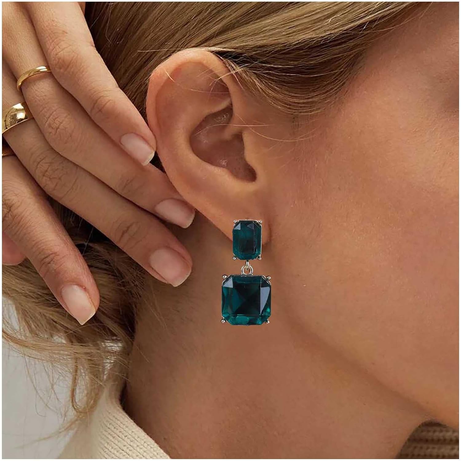 Vintage Emerald Square Earrings Green Emerald Drop Earrings Geometric Emerald Earrings Luxury Wedding Green Crystal Stud Earrings Jewelry for Women - Image 2