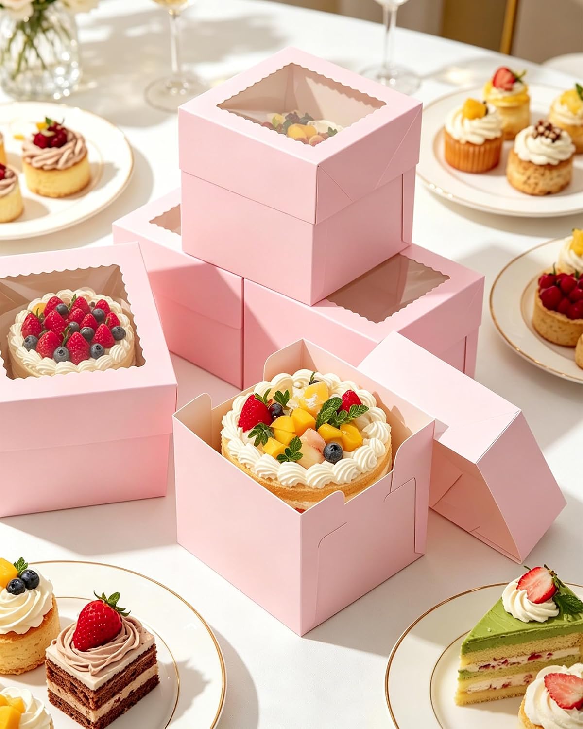 COTOPHER 30Pcs 6x6x6 Inches Mini Cake Boxes, Pink Bakery Boxes with Window, Cake Containers for Pastries, Cookies, Chocolates, Cupcakes, Birthday Party Cake Decorating Supplies for Gift Giving