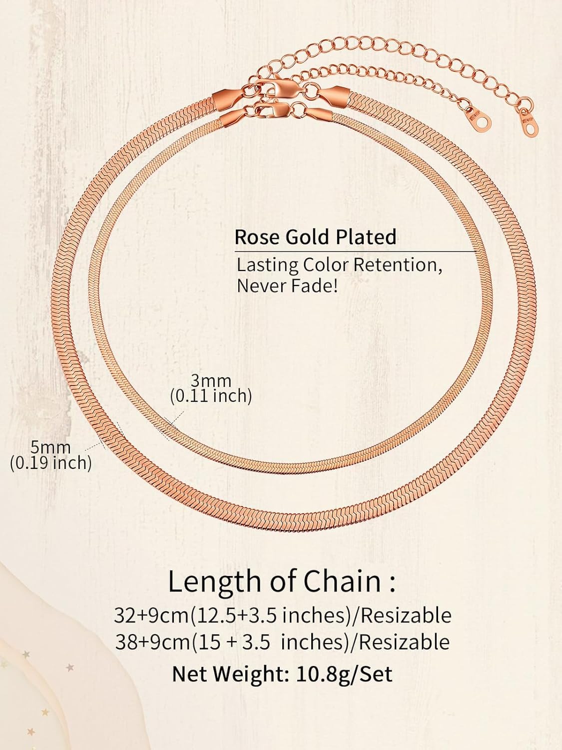 ChainsHouse Flat Snake Chain Herringbone Choker Necklace for Women, Stainless Steel/Rose Gold/18K Gold Plated Dainty Adjustable Simple Short Layered Necklaces, 12"/15"/18" with 3.5" Extender