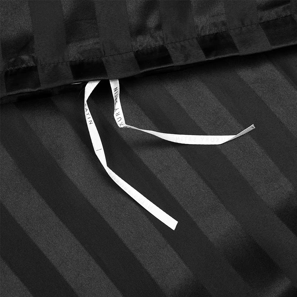 3 Piece Satin Duvet Cover Set Bedding Sets Italian Style 1800 Series Luxury Rich Silk Silky Super Soft Stripes Hidden Zipper Closure Reversible Wrinkle Free Honeymoon(Black, King)