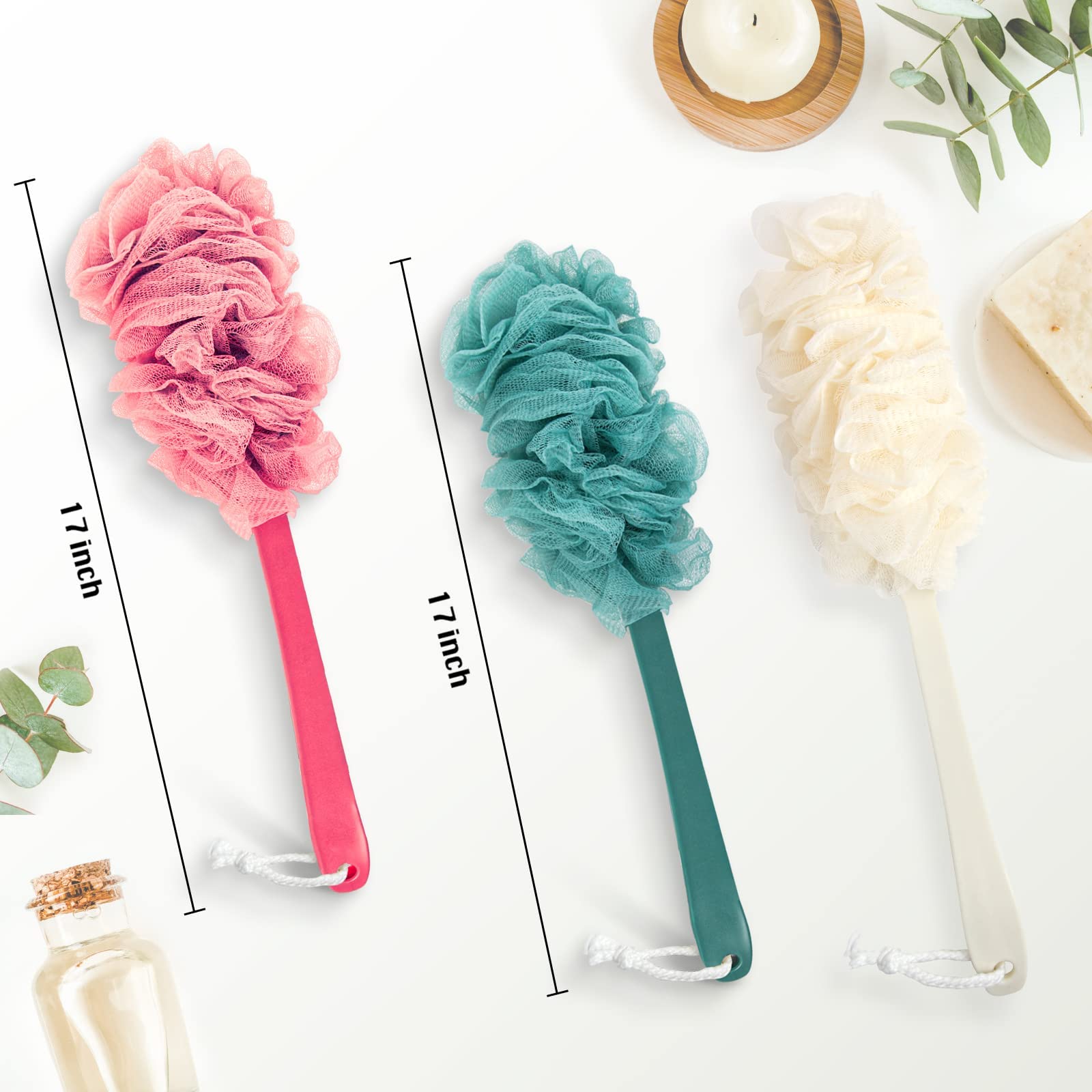 Qewro Loofah on a stick per doccia, 4 pezzi di scrubber posteriore per doccia, corpo esfoliante con manico lungo, spugna luffa da uomo accessori da bagno per donna