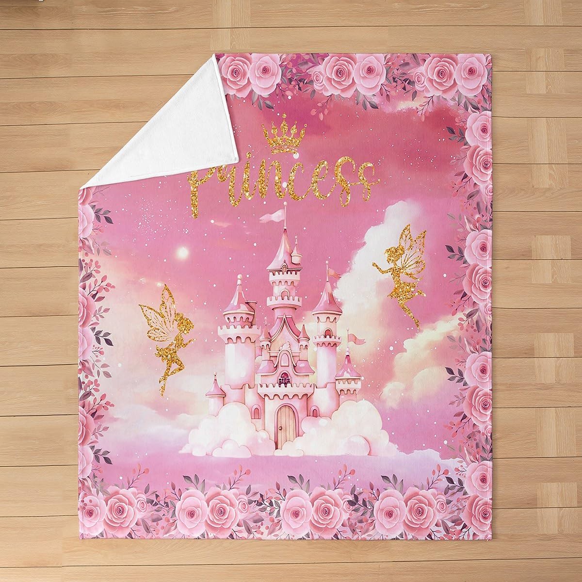 Erosebridal Princess Flannel Blanket Pink Princess Castle Fuzzy Plush Throw Cute Dreamy Gold Fairys Fleece Blanket for Kids Boys Girls,Romantic Rose Flower Clouds Decor for Bed Couch Queen 90"x90"