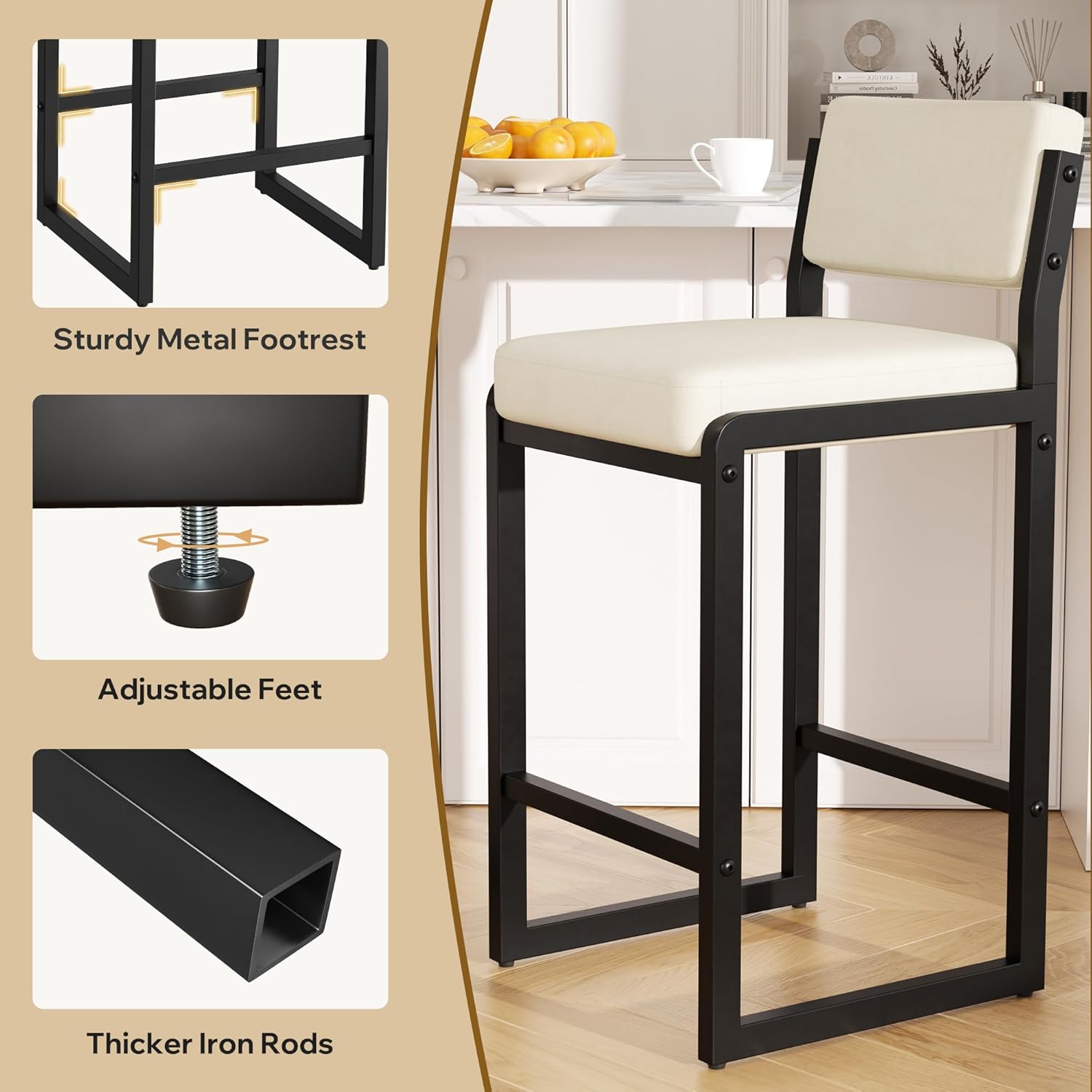 Bar Stools Set of 3, Fabric Counter Height Bar Stools with High Back and Metal Legs, Upholstered Bar Chairs, 26" Modern Barstools for Kitchen Island, Beige