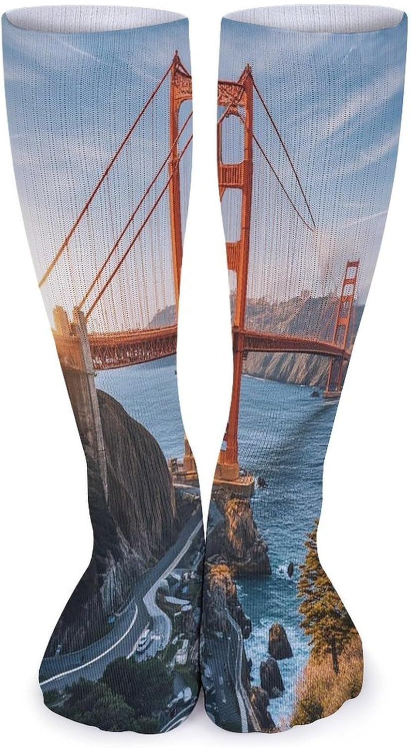 Golden Gate Bridge Crew Socks Cozy Casual Calf Socks Lightweight Long Work Sock Breathable Athletic Sock for Hiking Sports Running 5 Pairs
